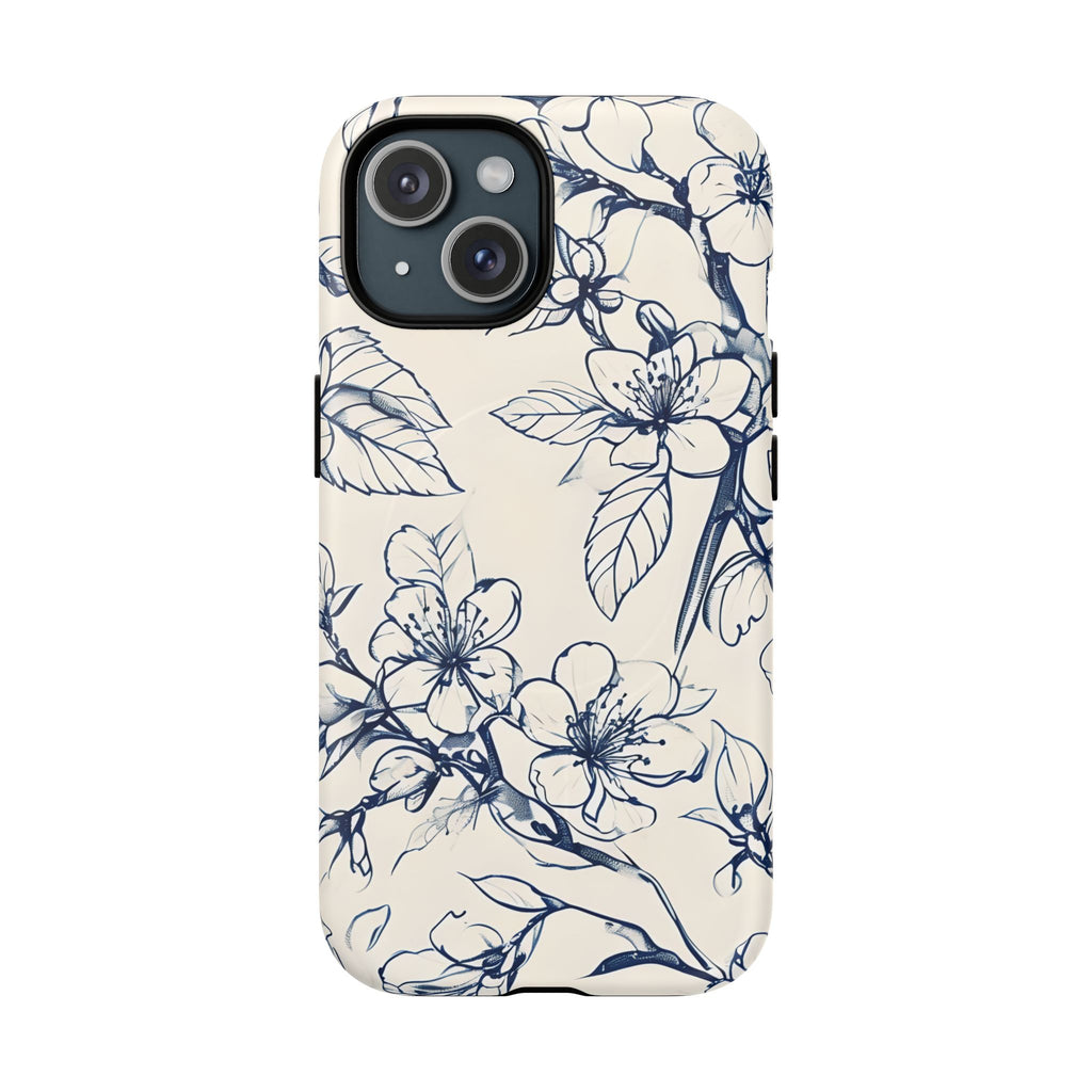 Blossom Sketch - Artistic Blue Floral - iPhone 15 MagSafe Phone Case - Hand-Drawn Botanical Design