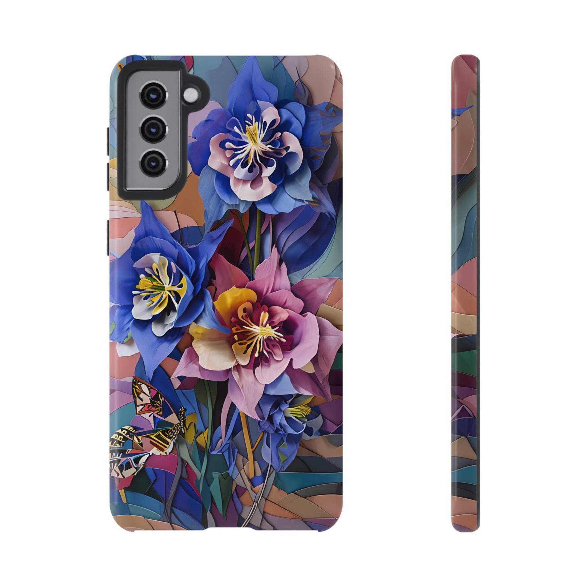 Blue Columbine Carnivale - Artistic Floral & Butterfly Samsung S21 Plus Tough Phone Case - Vibrant Botanical Design