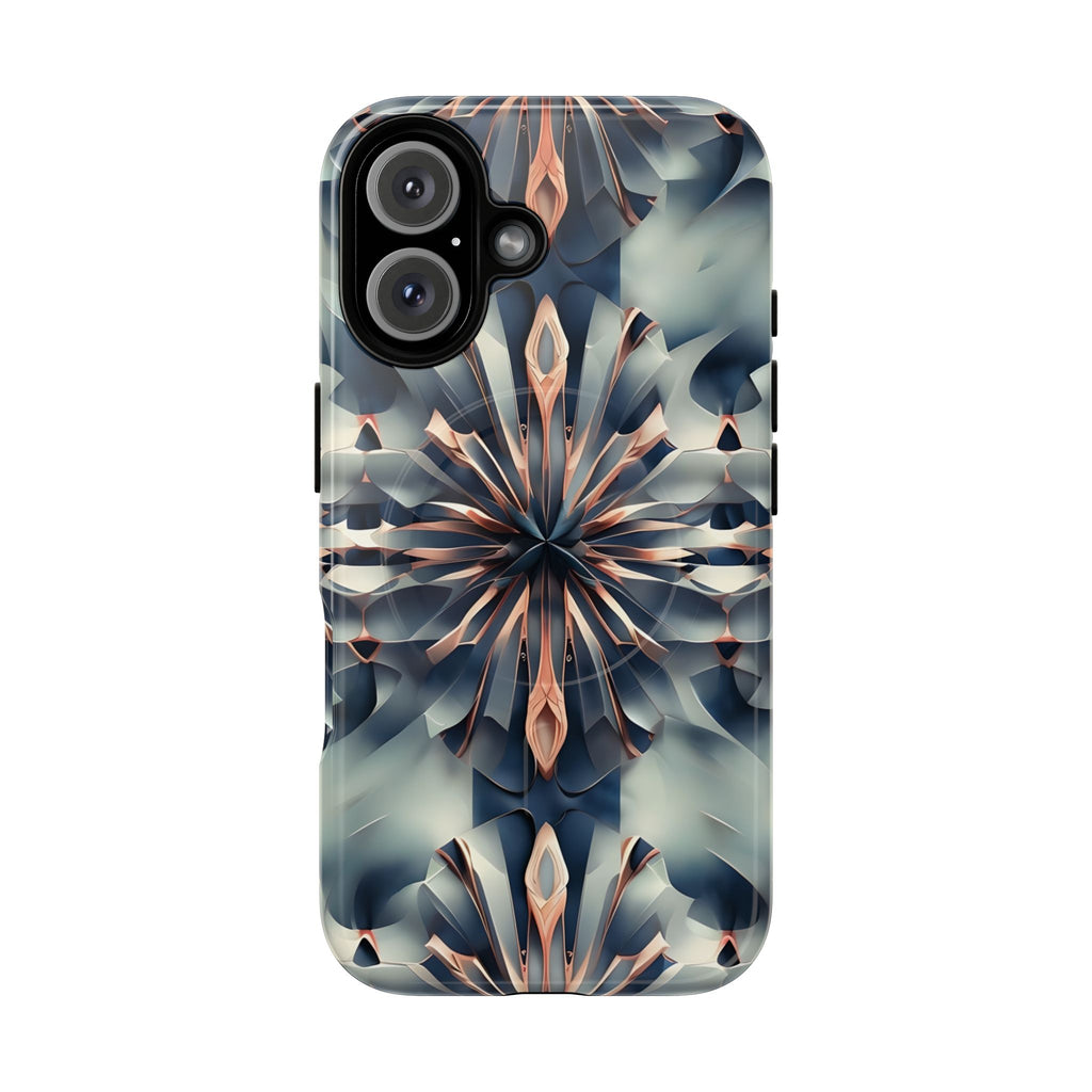 Obsidian Kaleidoscope Artistic Floral Burst - iPhone 16 MagSafe Phone Case -Blue, Peach and Silver Symmetrical Design