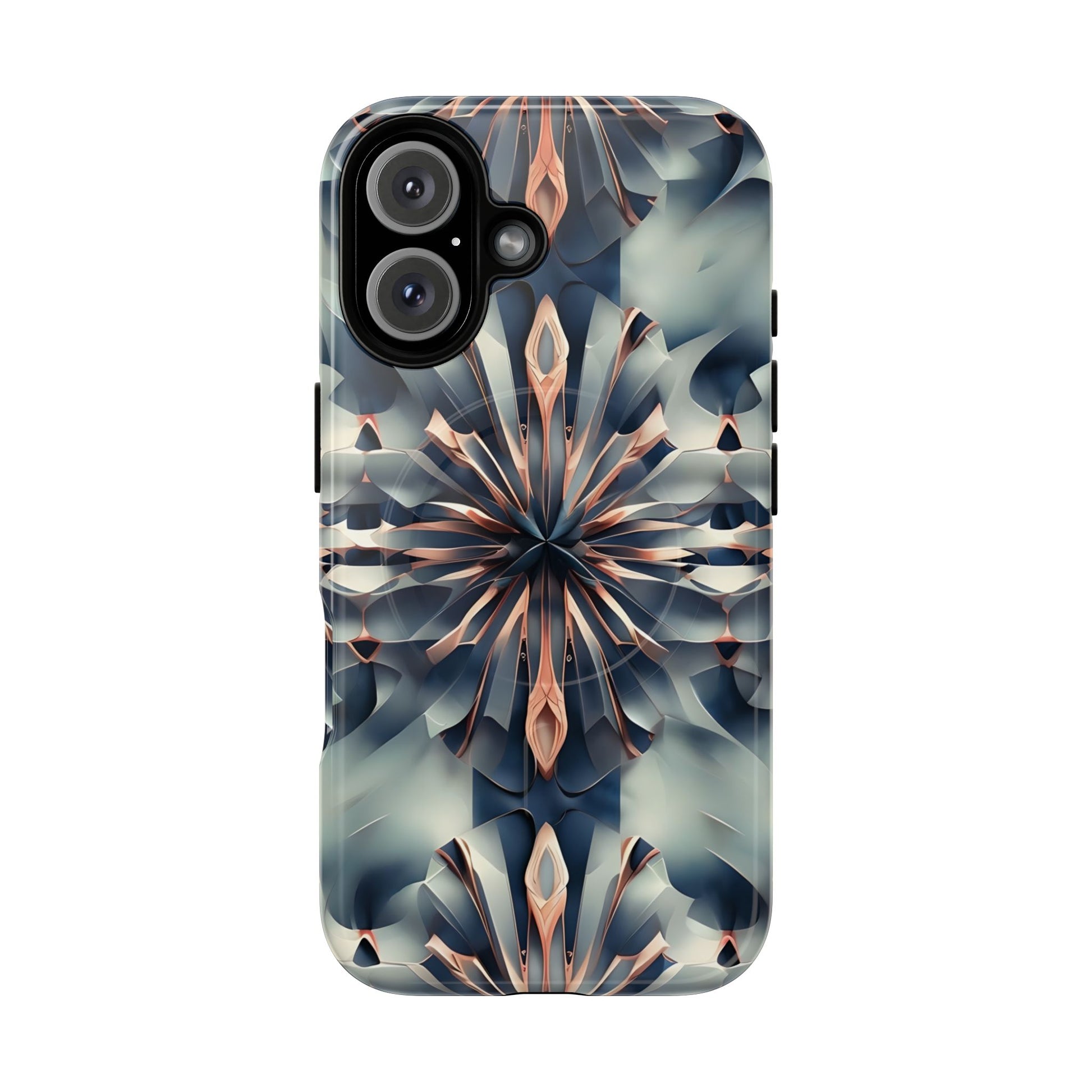 Obsidian Kaleidoscope Artistic Floral Burst - iPhone 16 MagSafe Phone Case -Blue, Peach and Silver Symmetrical Design