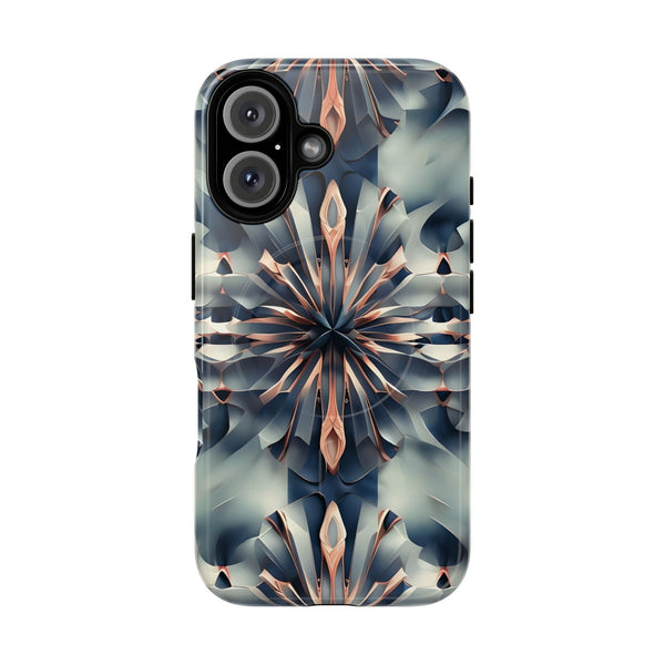 Obsidian Kaleidoscope Artistic Floral Burst - iPhone 16 MagSafe Phone Case -Blue, Peach and Silver Symmetrical Design