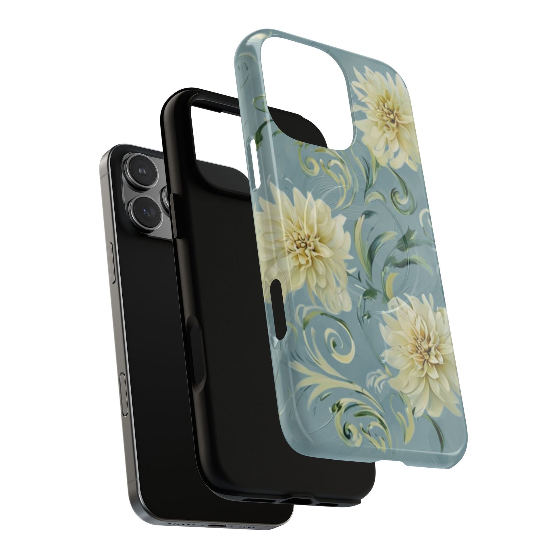 Golden Dahlia Trio - Elegant Floral iPhone 16 Pro Max MagSafe Phone Case - Artistic White & Blue Dahlia Design
