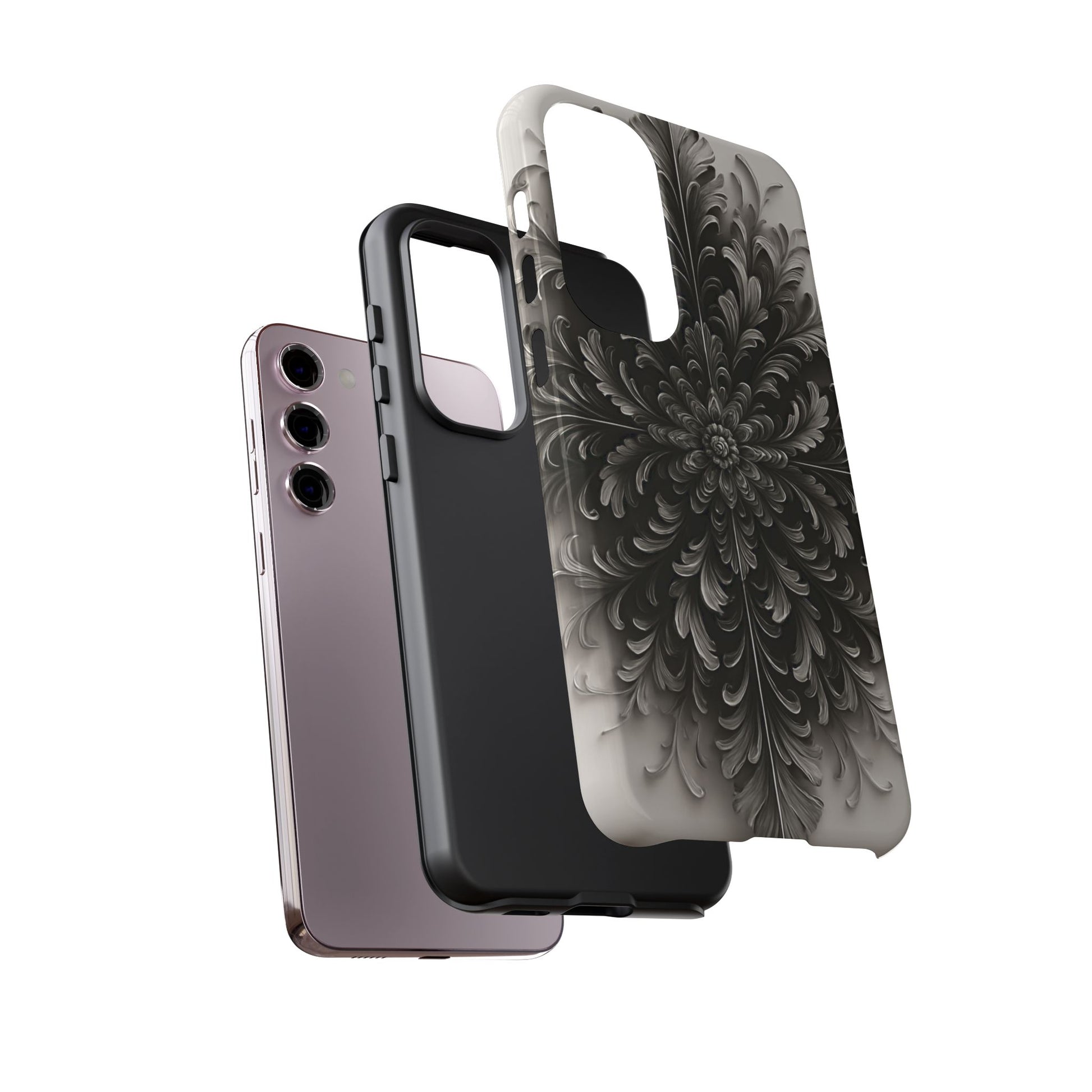 Obsidian Bloom - Elegant Black & White Samsung Galaxy S23 Plus Tough Phone Case - Intricate Mandala Flower Design