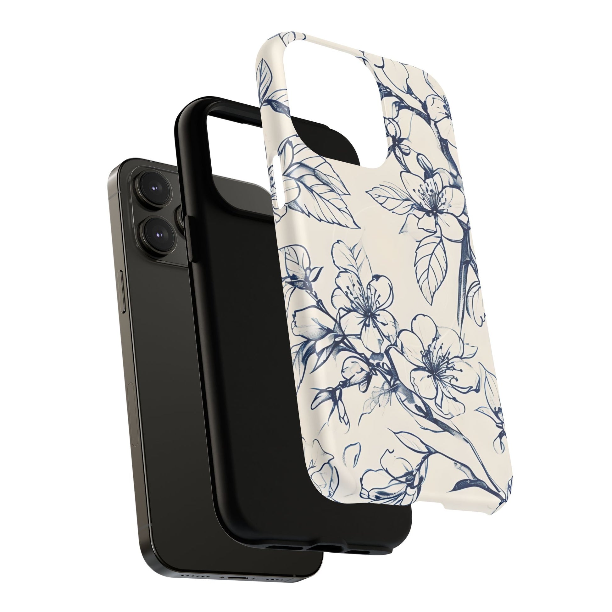 Blossom Sketch - Artistic Blue Floral - iPhone 14 Pro Max MagSafe Phone Case - Hand-Drawn Botanical Design