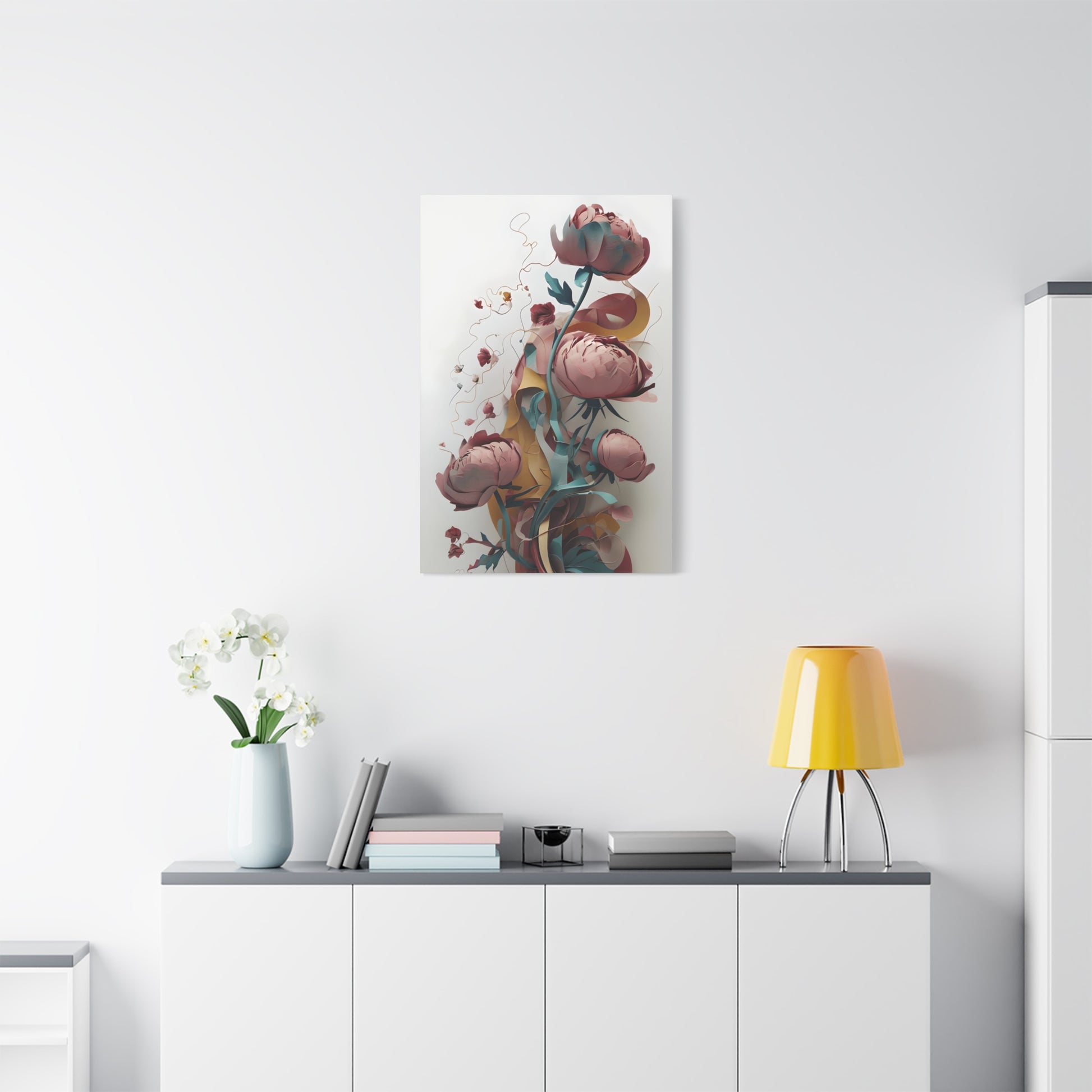 Blushing Peony Veil wall art canvas displayed above a modern white console table in a bright living room