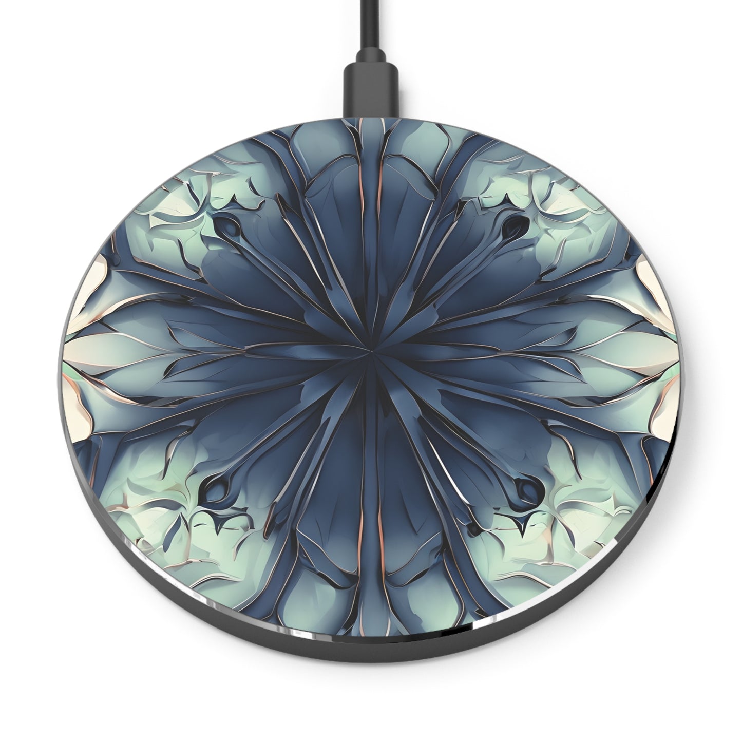 Indigo Mosaic blue geometric floral decorative Qi wireless charger with indigo mandala pattern