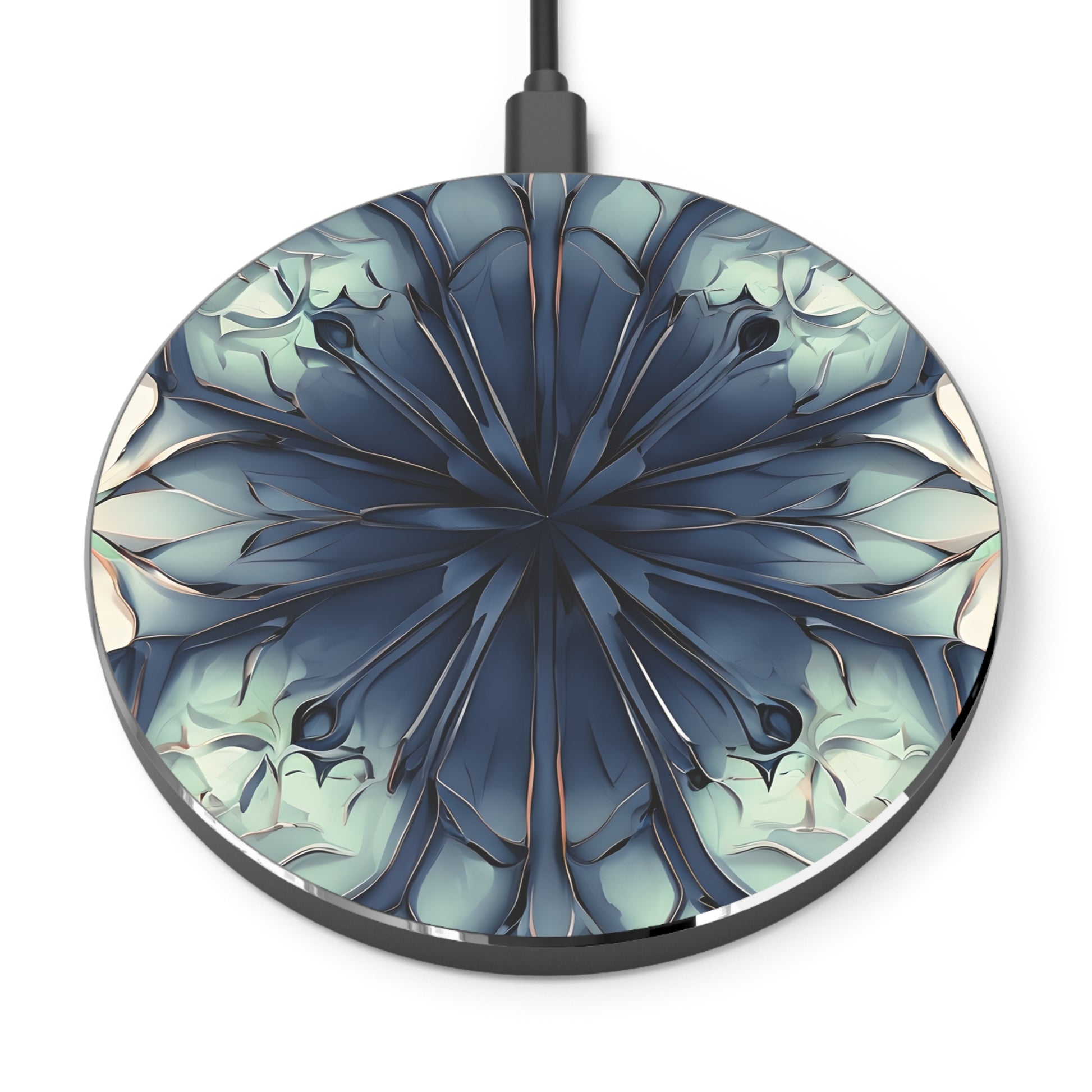 Indigo Mosaic blue geometric floral decorative Qi wireless charger with indigo mandala pattern