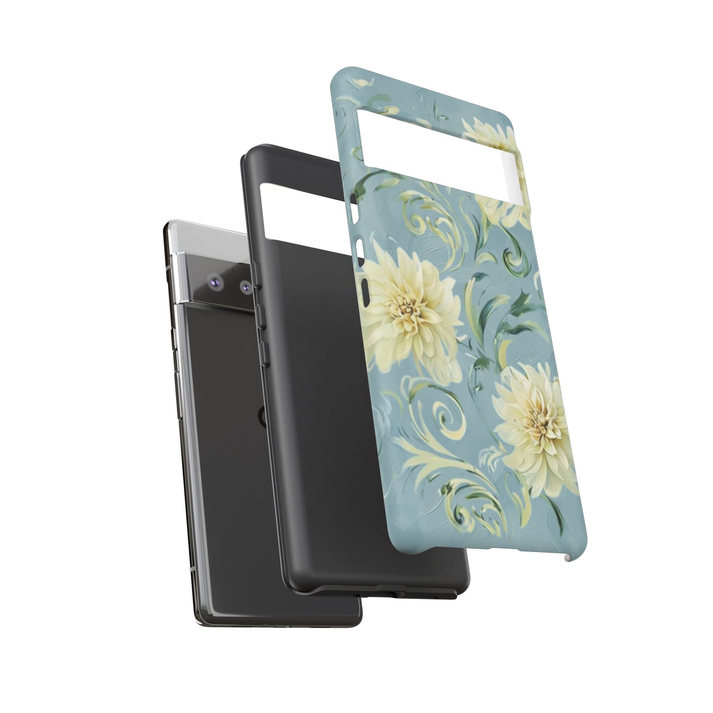 Golden Dahlia Trio - Elegant Floral Google Pixel Tough Phone Case - Artistic White & Blue Dahlia Design