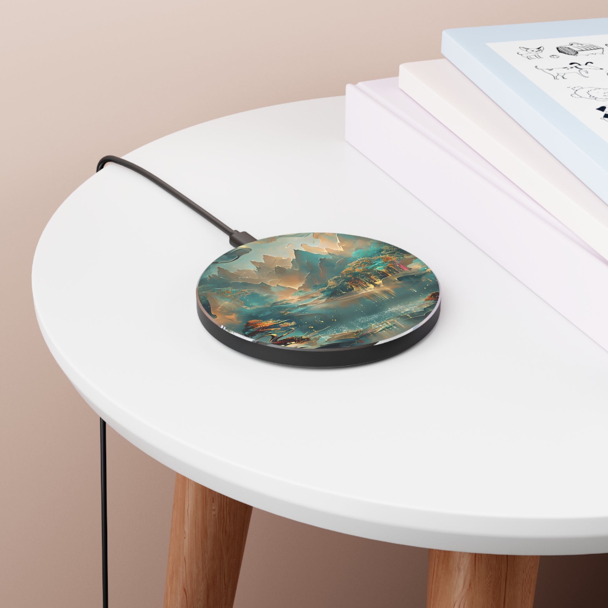 Misty Horizon mountain landscape art Qi wireless charger on bedside table with books