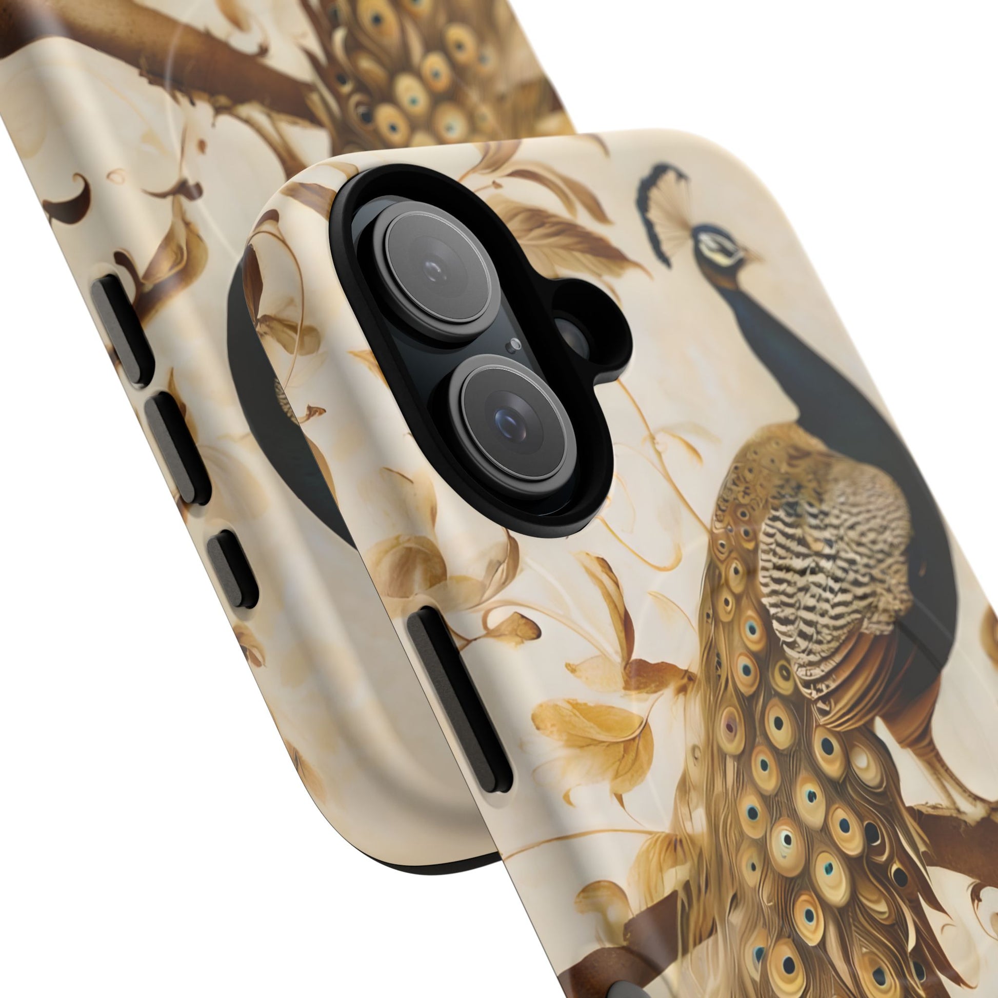 Golden Plumage - Luxe Peacock Art iPhone 16 Phone Case - MagSafe Compatible - Elegant Gold & Cream Design
