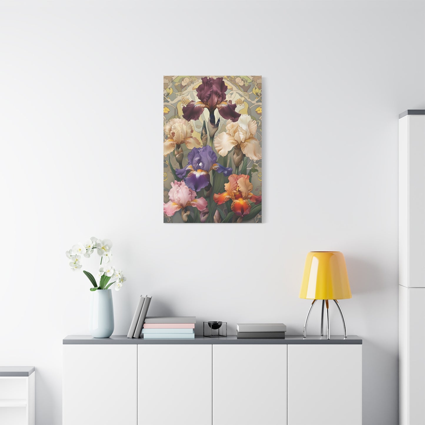Iris Reverie wall art canvas displayed above a modern white console table in a bright living room