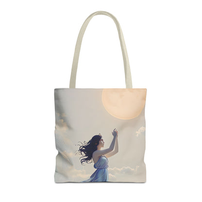 Moonlit Ascend Tote Bag (16x16 & 18x18)- Dreamy Nighttime Silhouette on Beige Canvas, Reusable & Eco-Friendly