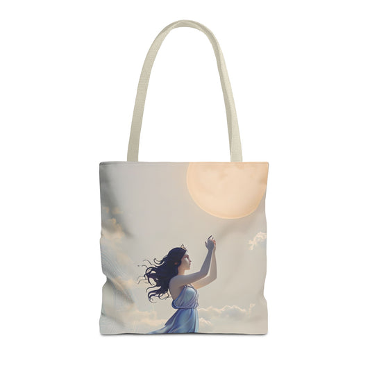 Moonlit Ascend Tote Bag (16x16 & 18x18)- Dreamy Nighttime Silhouette on Beige Canvas, Reusable & Eco-Friendly