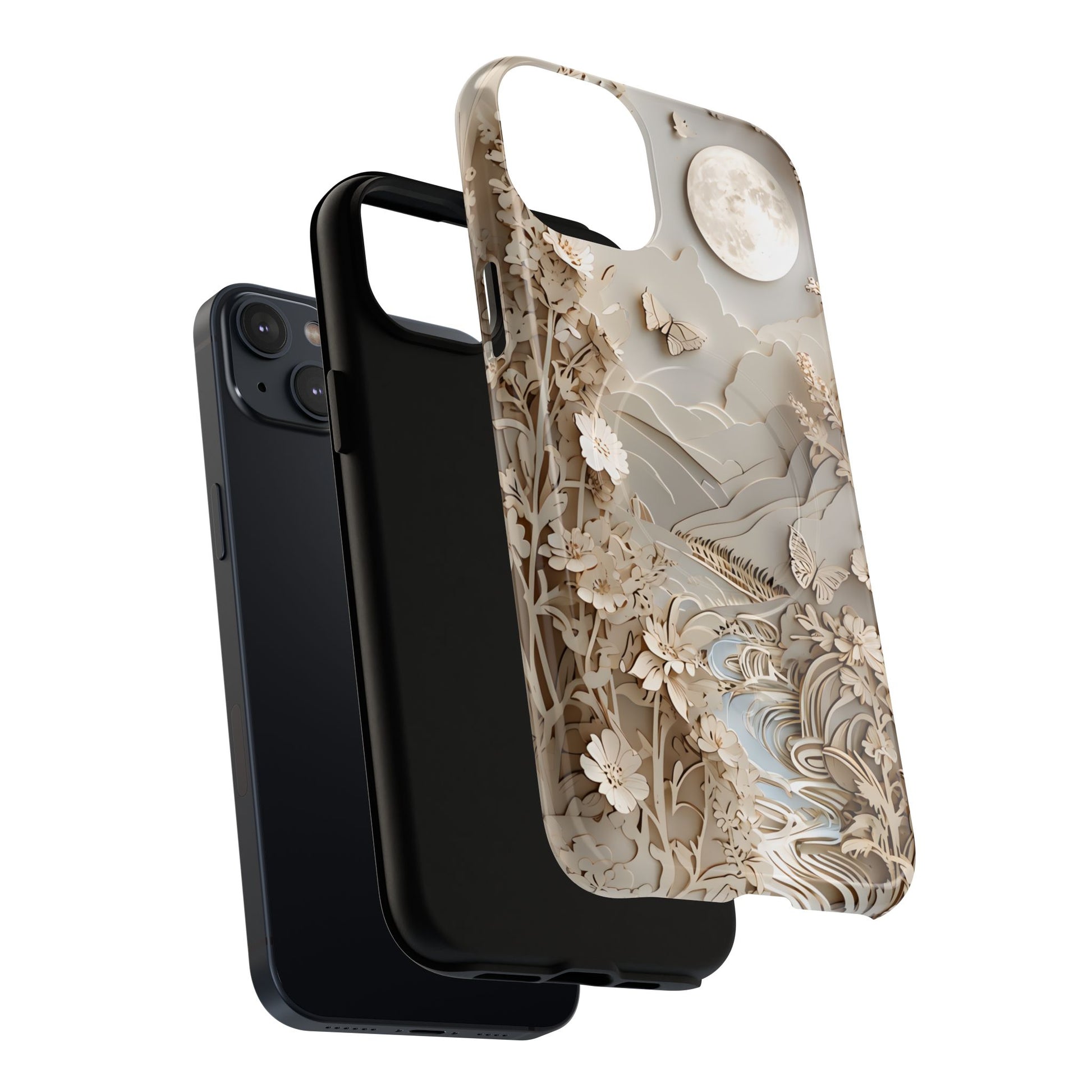 Moonlit Garden - Elegant Neutral Floral iPhone 14 Plus MagSafe Phone Case - Painterly Botanical & Moon Design