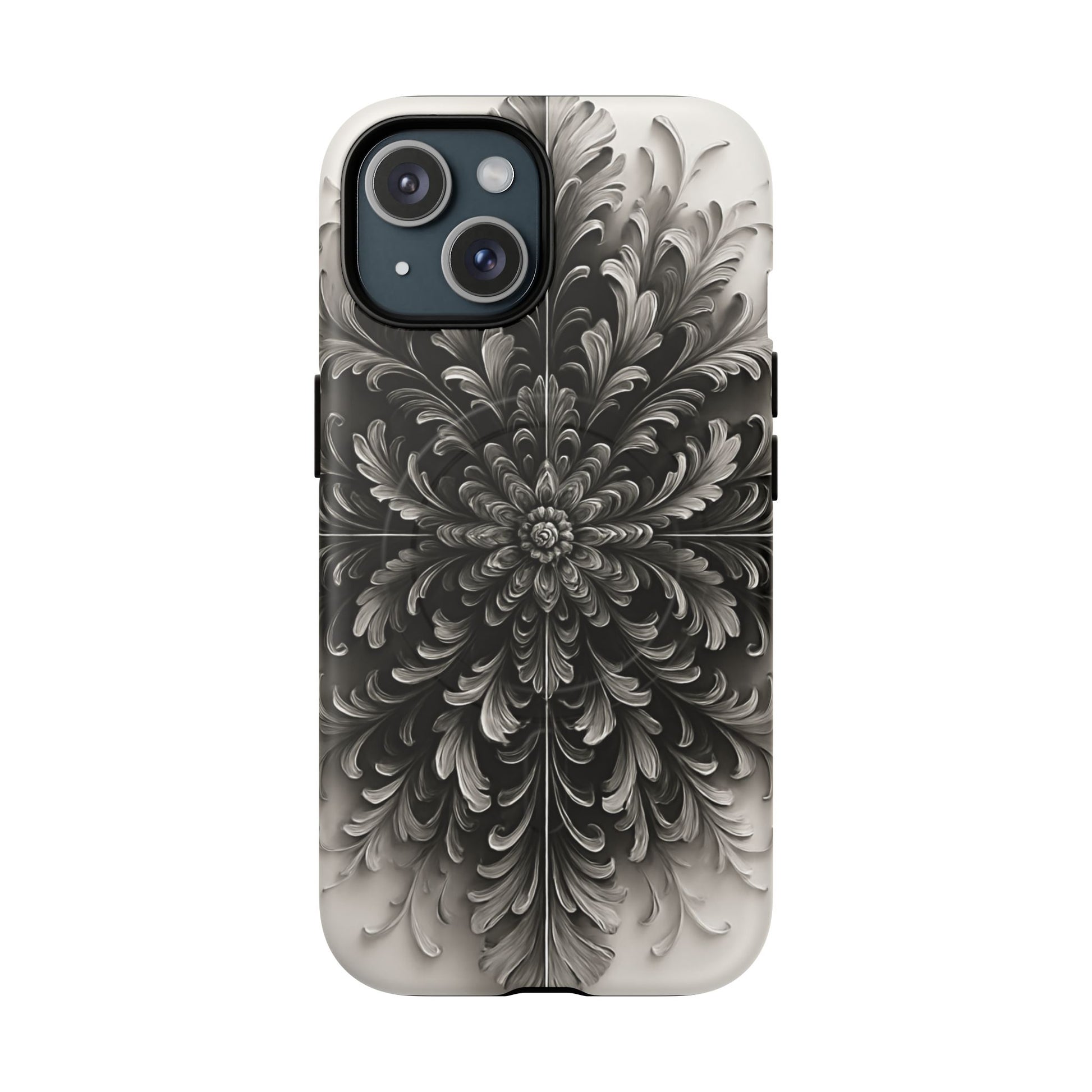 Obsidian Bloom - Elegant Black & White iPhone 15 MagSafe Phone Case - Intricate Mandala Flower Design