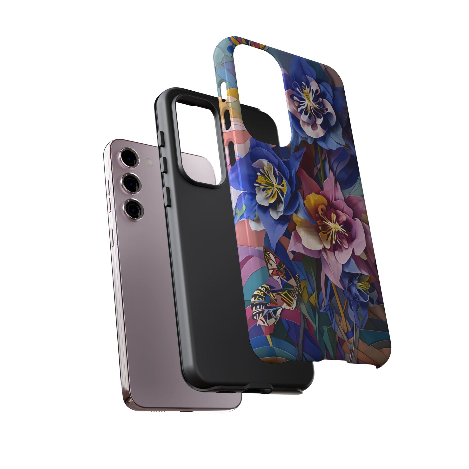 Blue Columbine Carnivale - Artistic Floral & Butterfly Samsung S23 Plus Tough Phone Case - Vibrant Botanical Design