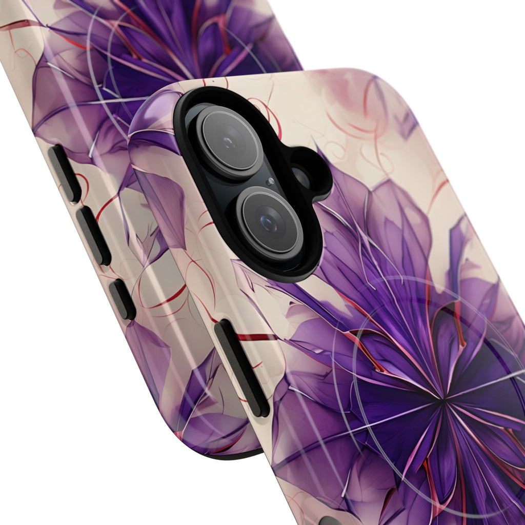 Violet Reverie - Kaleidoscope Collection Artistic Floral Burst - iPhone 16 MagSafe Phone Case - Bold Purple Symmetrical Design