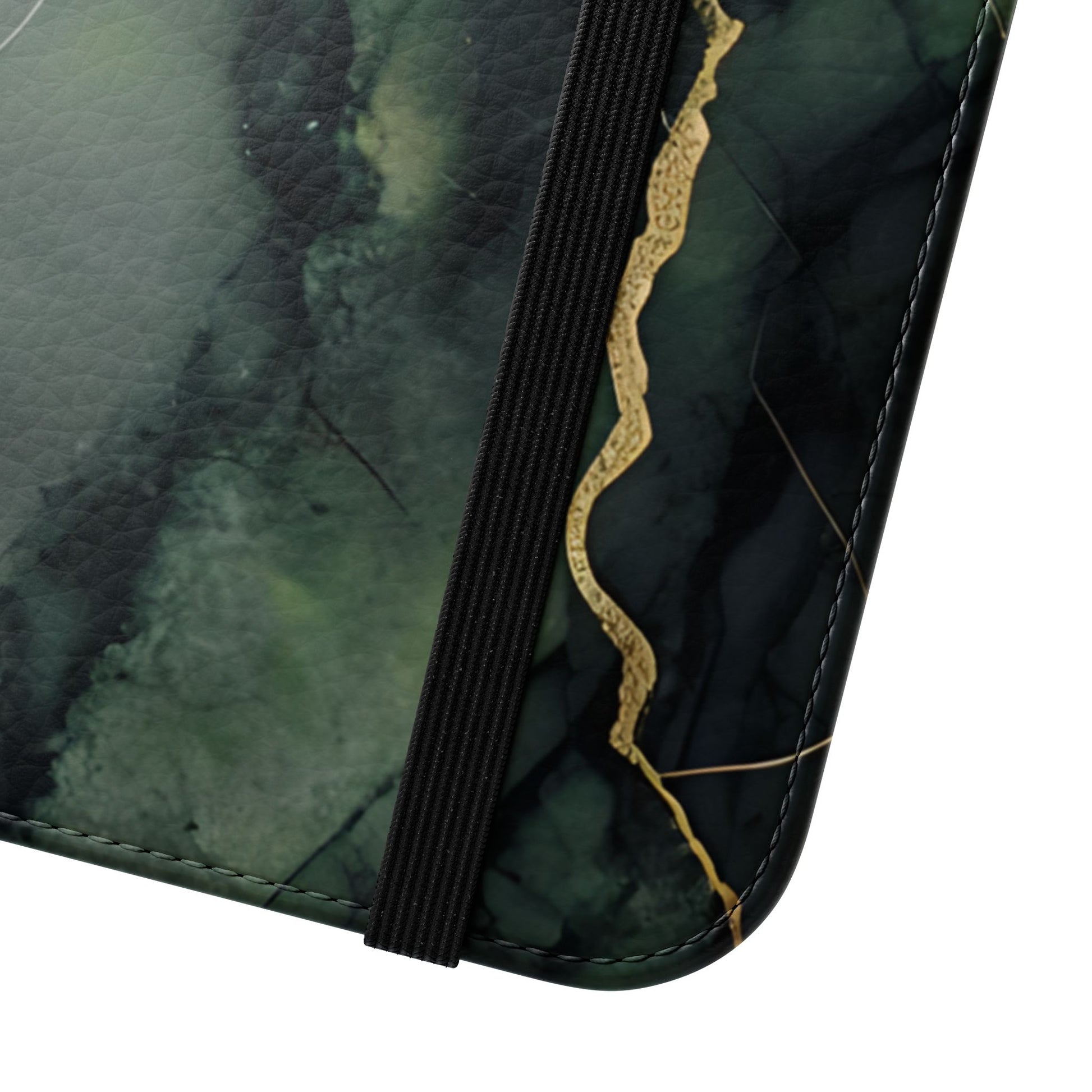 Close view of Verdant Vein marble iPhone wallet flip phone case with elastic closure
