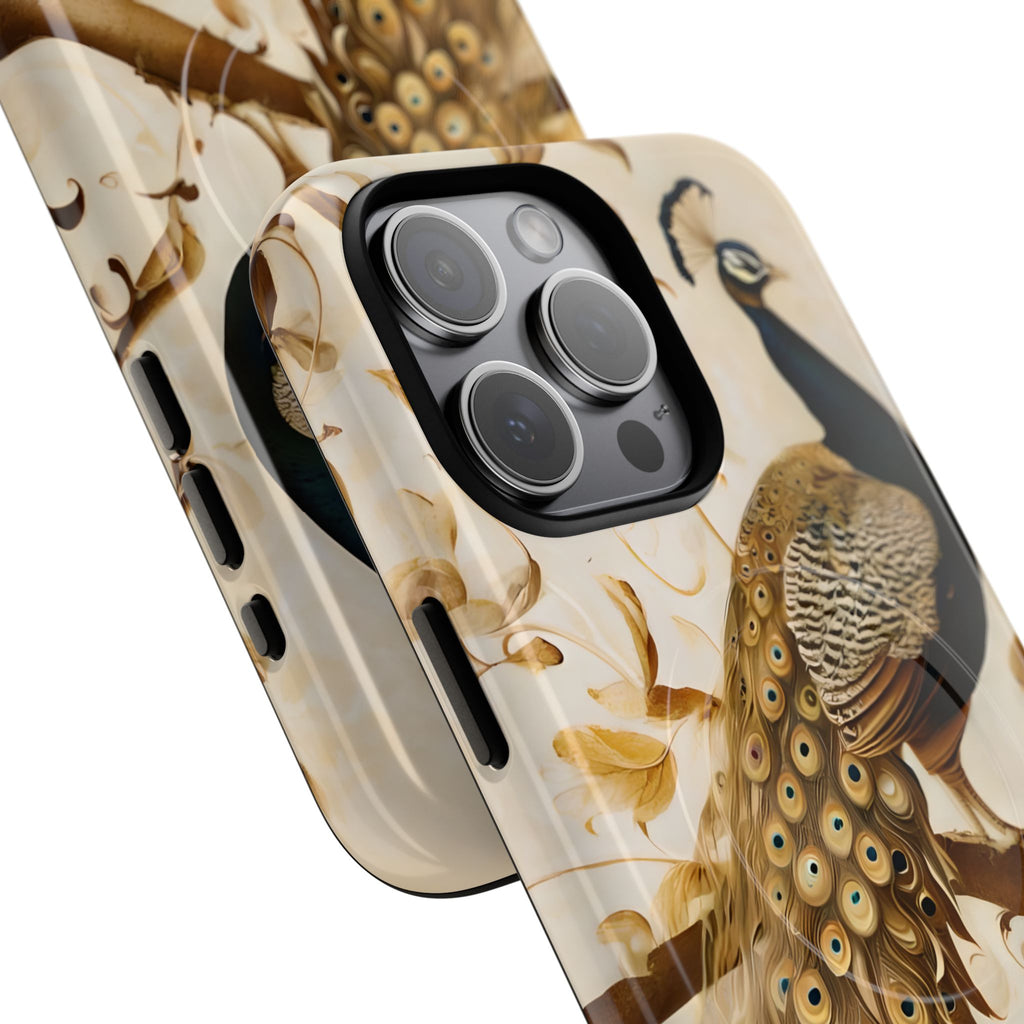 Golden Plumage - Luxe Peacock Art iPhone 15 Pro Max Phone Case - MagSafe Compatible - Elegant Gold & Cream Design