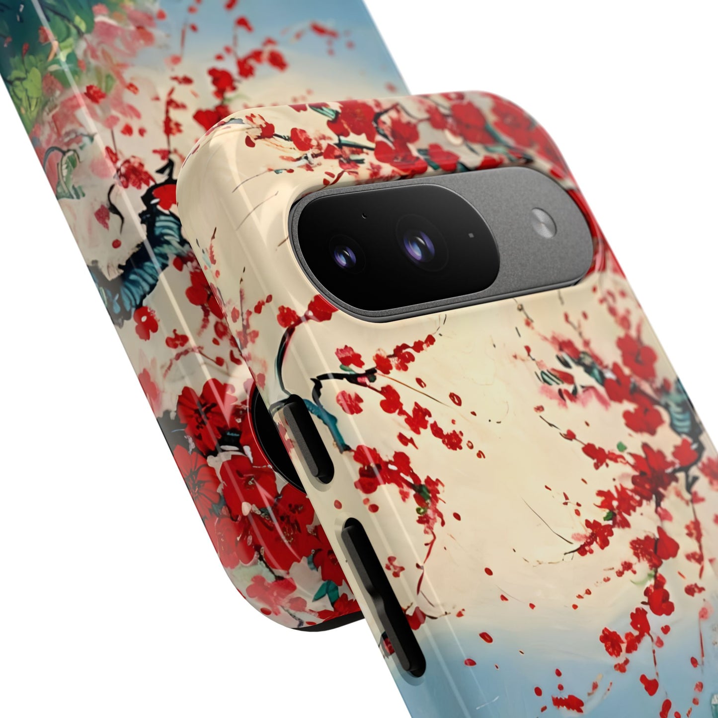 Crimson Blossom Lake - Artistic Floral Landscape Google Pixel 6 Tough Phone Case - Red Cherry Blossoms & Serene Lake Design