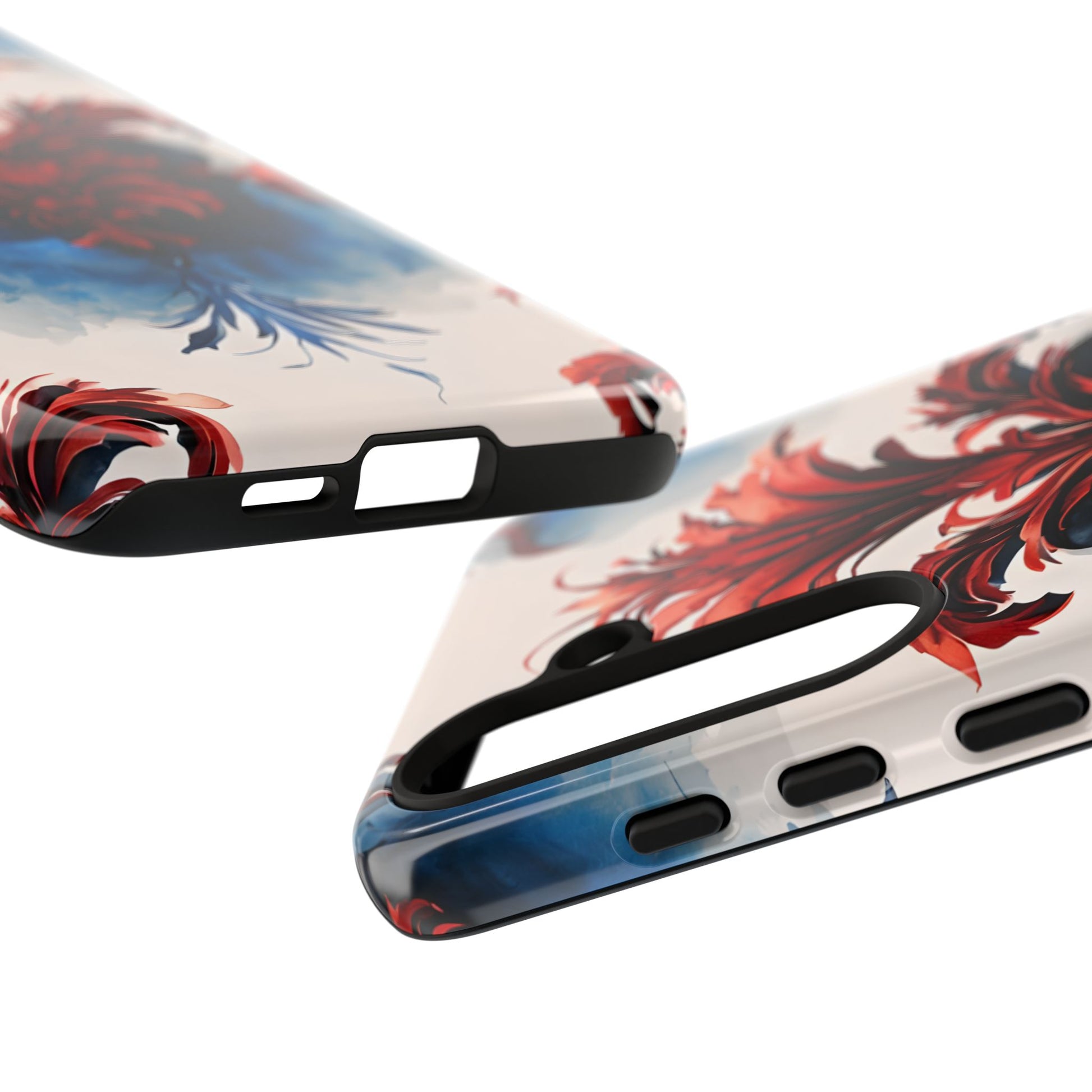 Crimson Plume - Bold Artistic Feather Samsung Galaxy S24 Plus Tough Phone Case - Dramatic Red & Blue Design