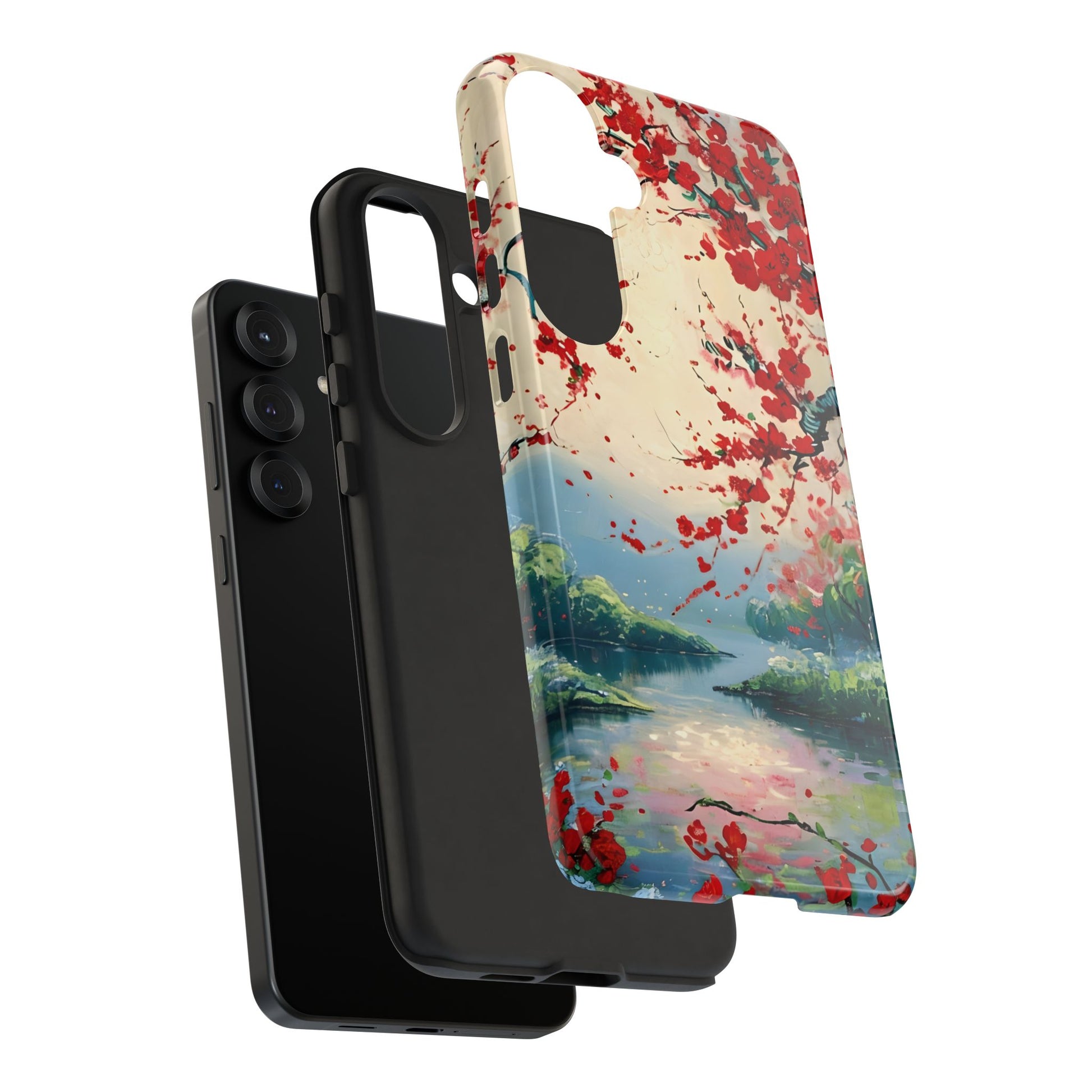 Crimson Blossom Lake - Artistic Floral Landscape Samsung Galaxy S25 Plus Tough Phone Case - Red Cherry Blossoms & Serene Lake Design