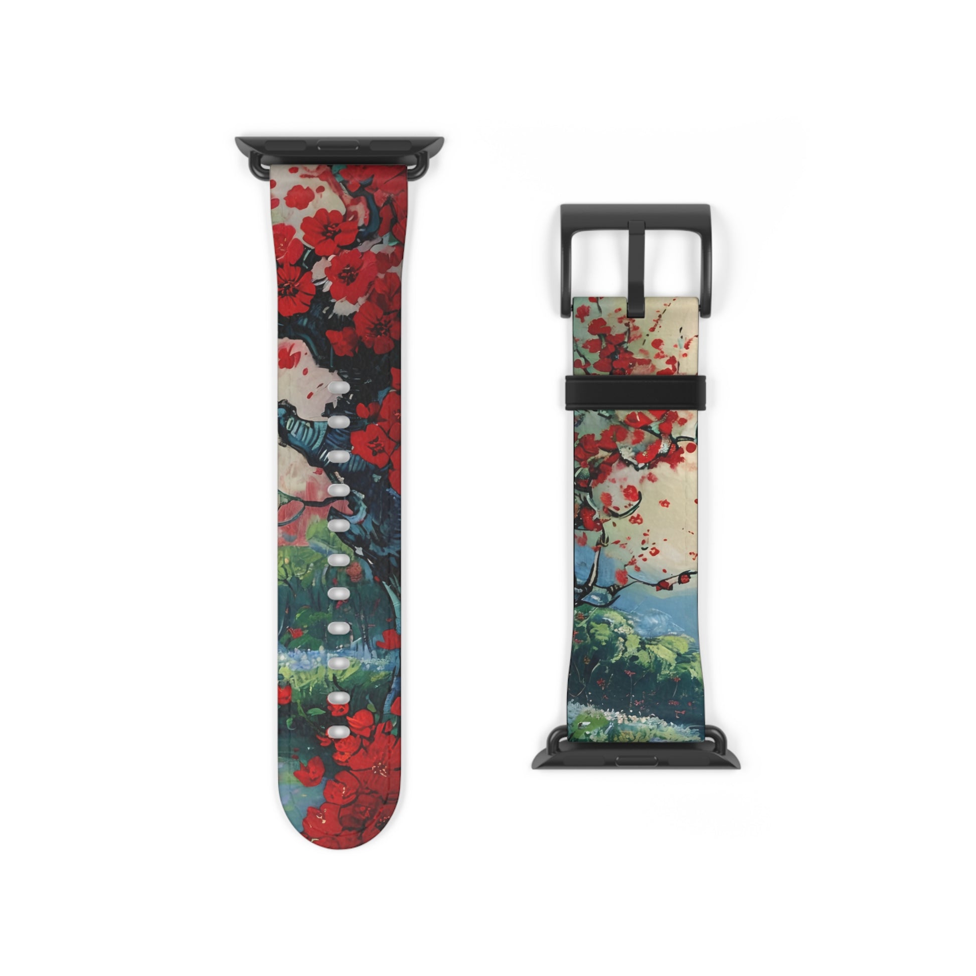 Crimson Blossom Lake Apple Watch band strap with black clasp displaying red blossom floral pattern with nature landscape