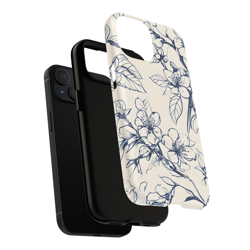 Blossom Sketch - Artistic Blue Floral - iPhone 15 MagSafe Phone Case - Hand-Drawn Botanical Design