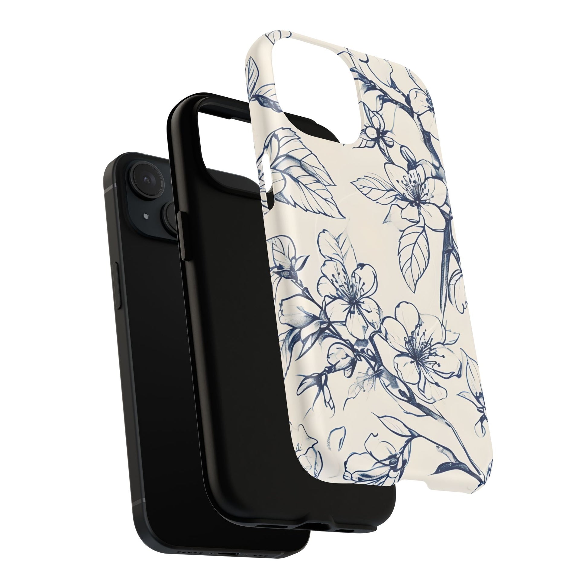 Blossom Sketch - Artistic Blue Floral - iPhone 15 MagSafe Phone Case - Hand-Drawn Botanical Design