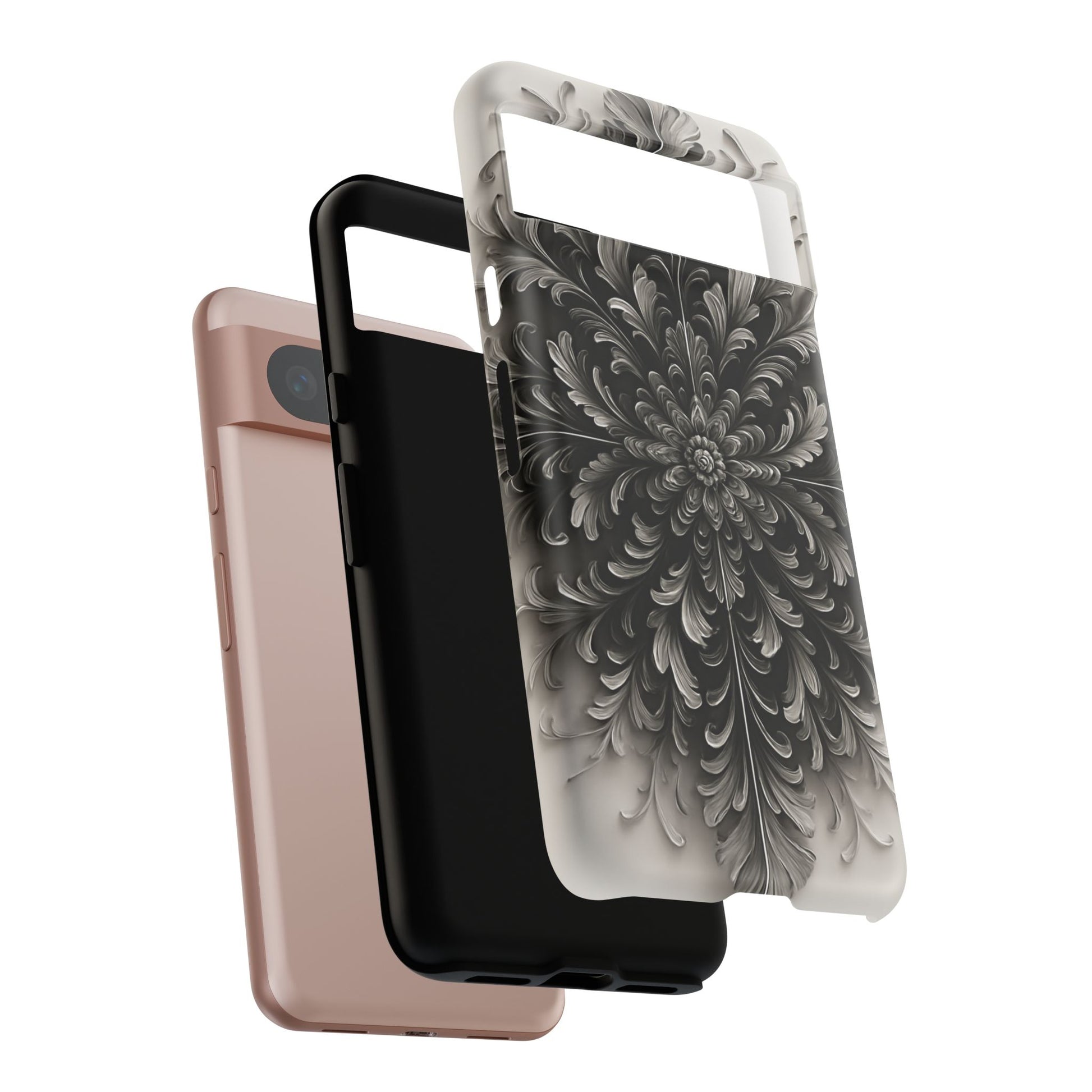 Obsidian Bloom - Elegant Black & White Google Pixel 8 Tough Phone Case - Intricate Mandala Flower Design