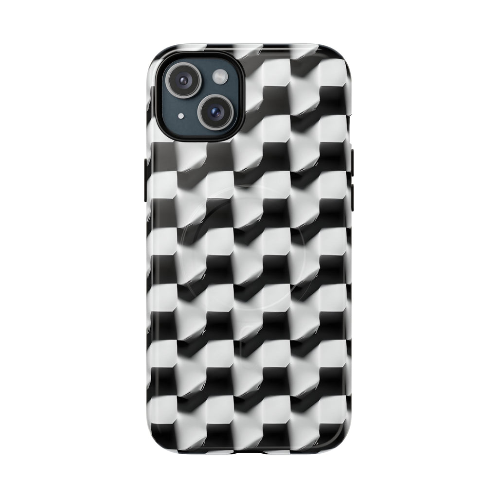 Monochrome Grid - iPhone 15 Plus MagSafe Phone Case - Bold, Modern Black & White Design