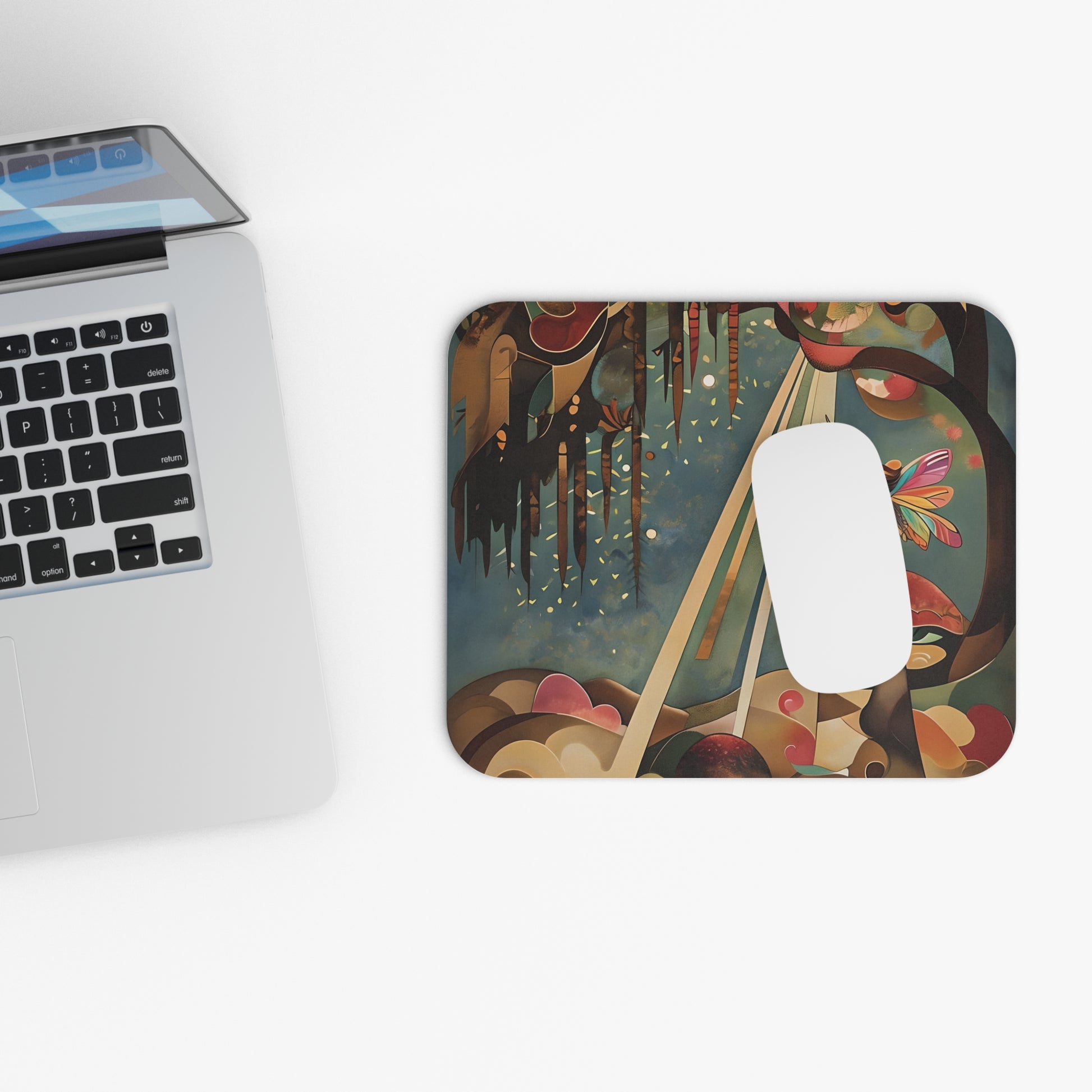 Enchanted Orchard mouse pad beside laptop displaying orchard illustration