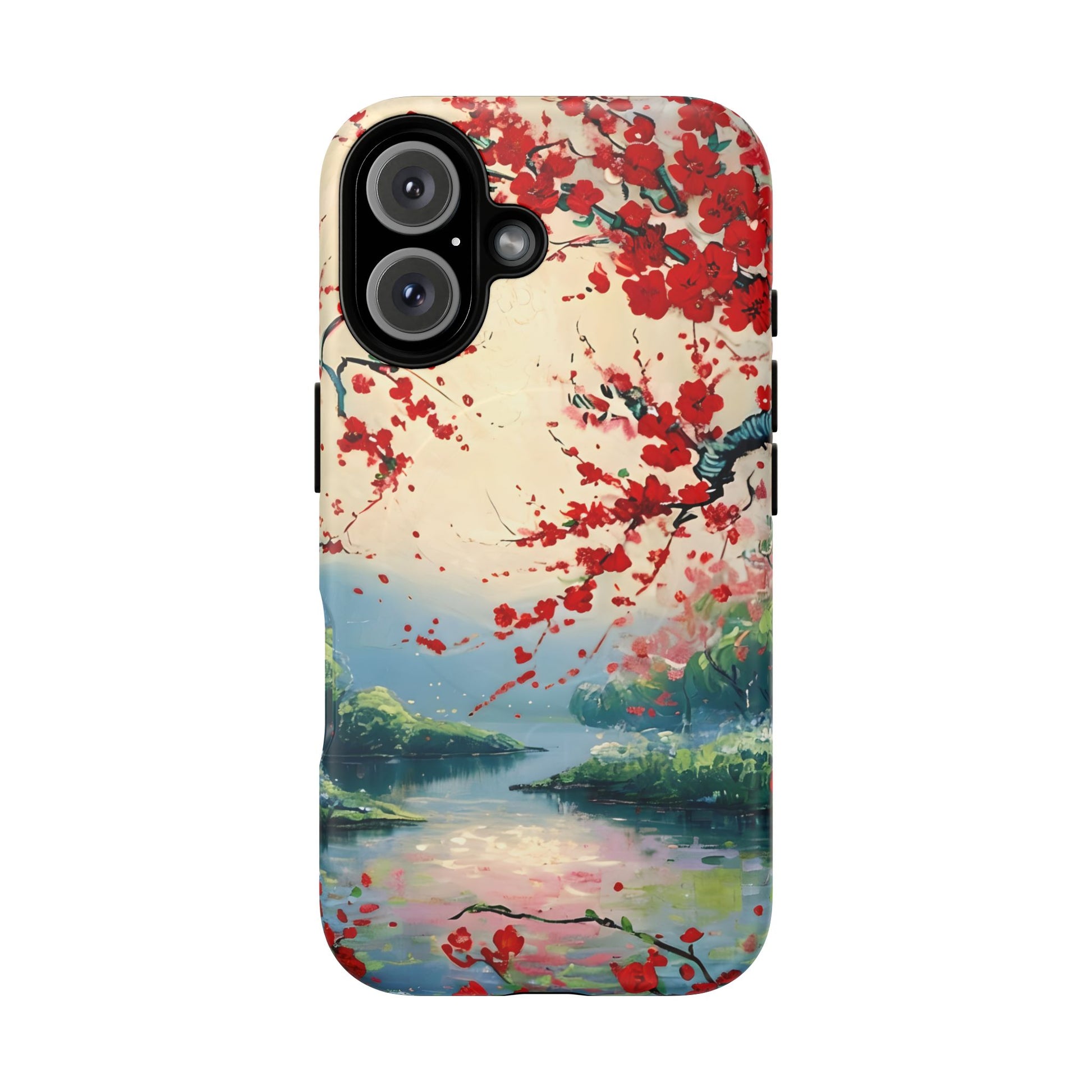Crimson Blossom Lake - Artistic Floral Landscape iPhone 16 MagSafe Phone Case - Red Cherry Blossoms & Serene Lake Design