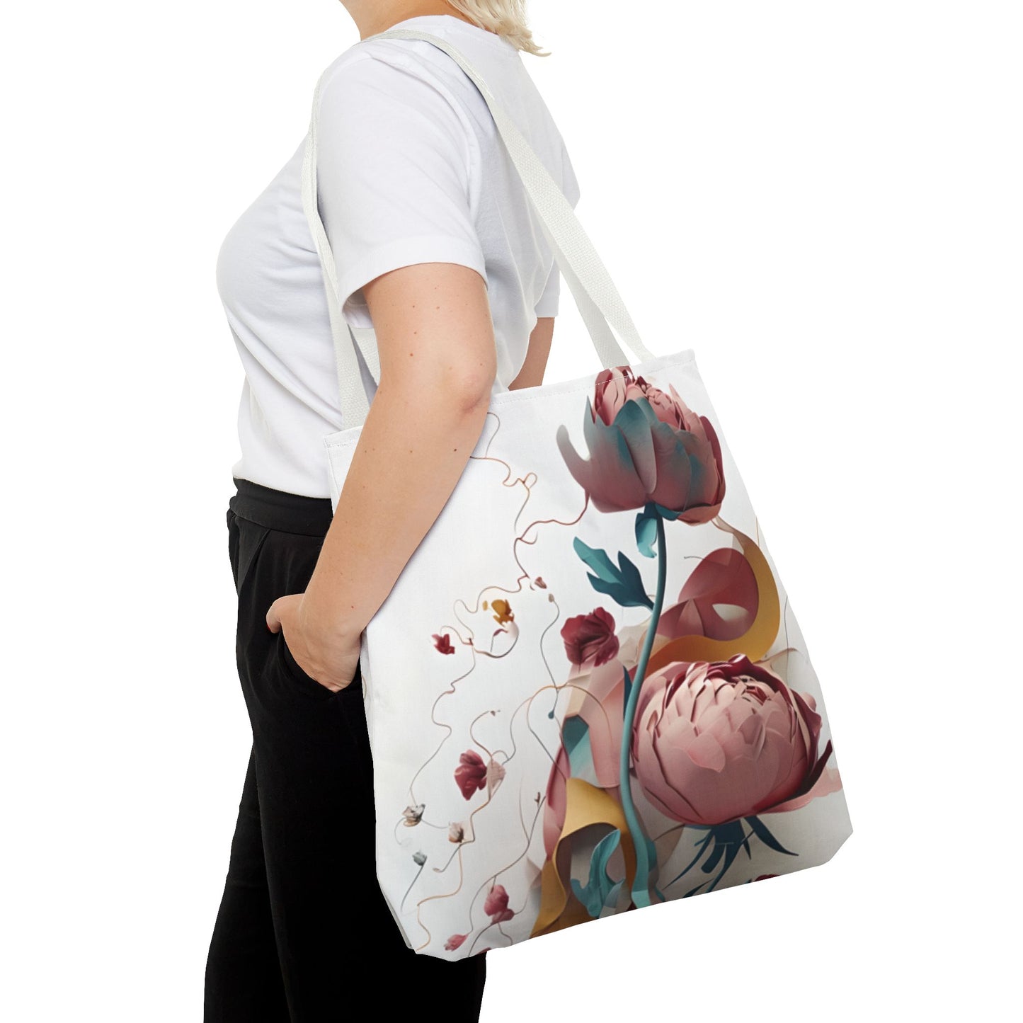 Blushing Peony Veil Tote (16x16 & 18x18)- Soft Romantic Florals on White Canvas, Reusable & Eco-Friendly