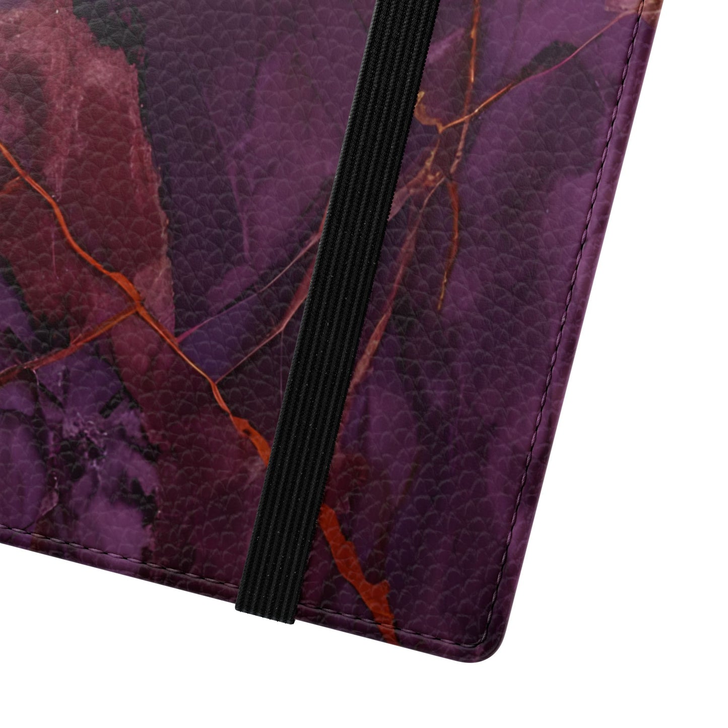 Close-up of Amethyst Current Samsung Galaxy wallet flip phone case with purple marble texture and red gemstone veining
