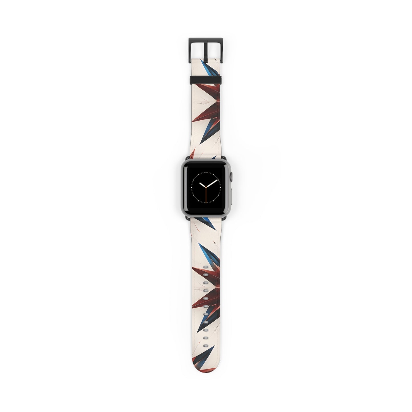 Garnet Starburst Apple Watch band with watch face featuring geometric red, white and blue starburst pattern