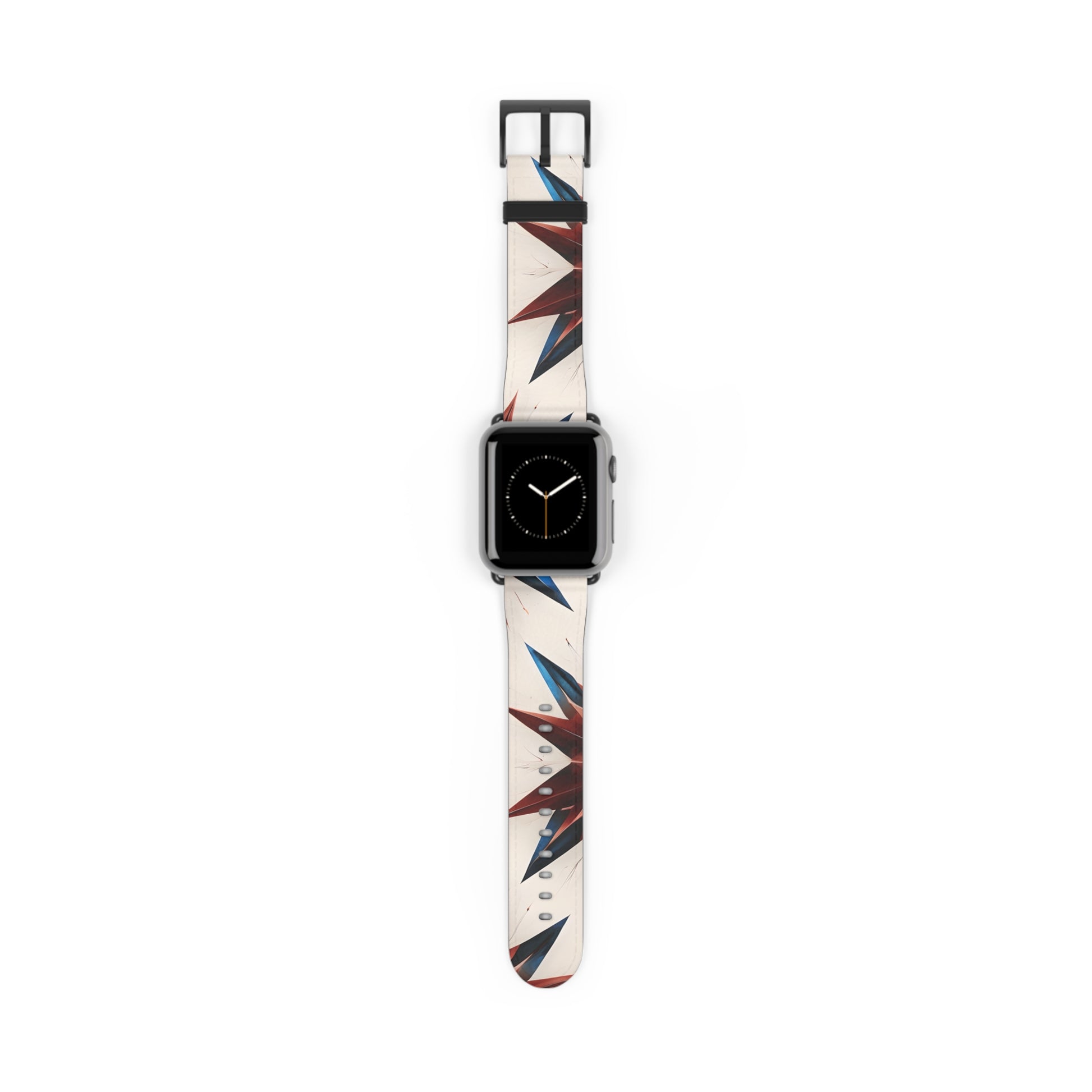 Garnet Starburst Apple Watch band with watch face featuring geometric red, white and blue starburst pattern