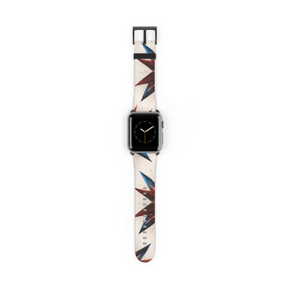 Garnet Starburst Apple Watch band with watch face featuring geometric red, white and blue starburst pattern