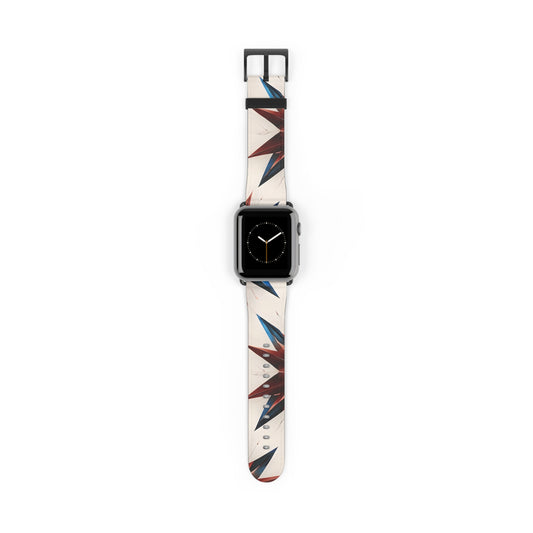 Garnet Starburst Apple Watch band with watch face featuring geometric red, white and blue starburst pattern