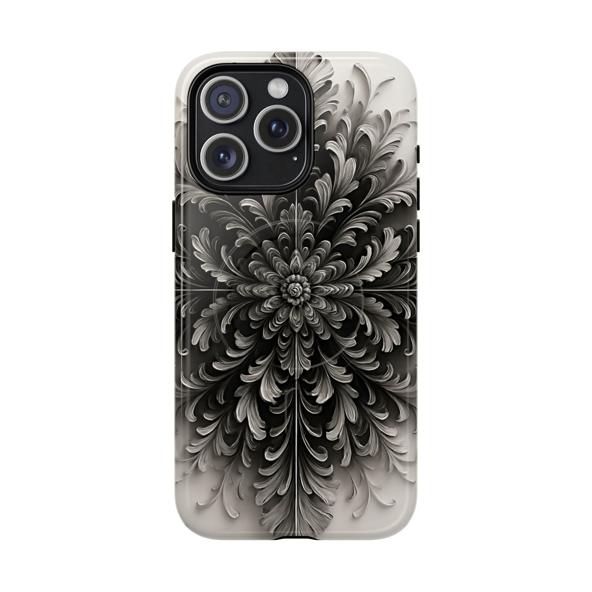 Obsidian Bloom - Elegant Black & White iPhone 15 Pro Max MagSafe Phone Case - Intricate Mandala Flower Design
