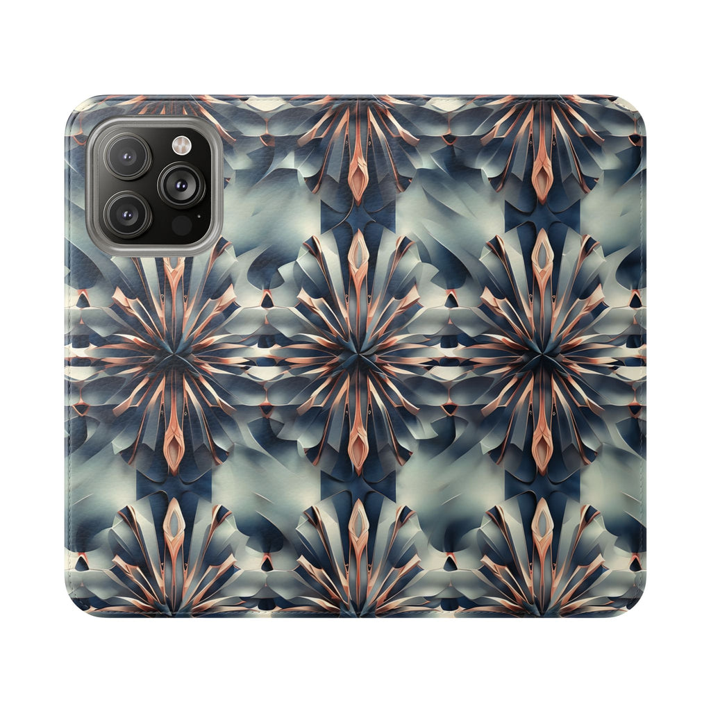 Obsidian Kaleidoscope iPhone 14 Pro Max Wallet Case - Elegant Abstract Flip Cover with Card Slots