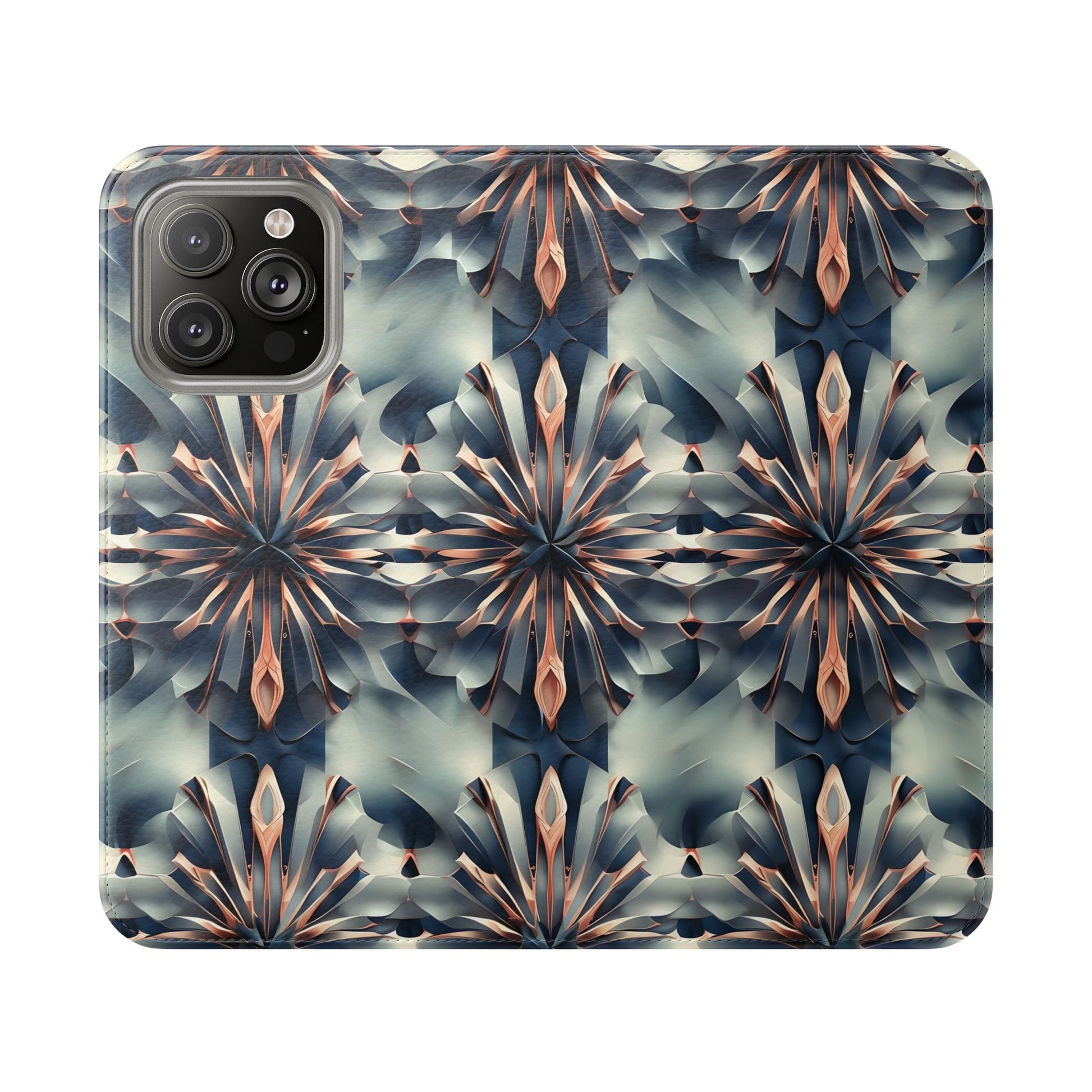 Obsidian Kaleidoscope iPhone 14 Pro Max Wallet Case - Elegant Abstract Flip Cover with Card Slots