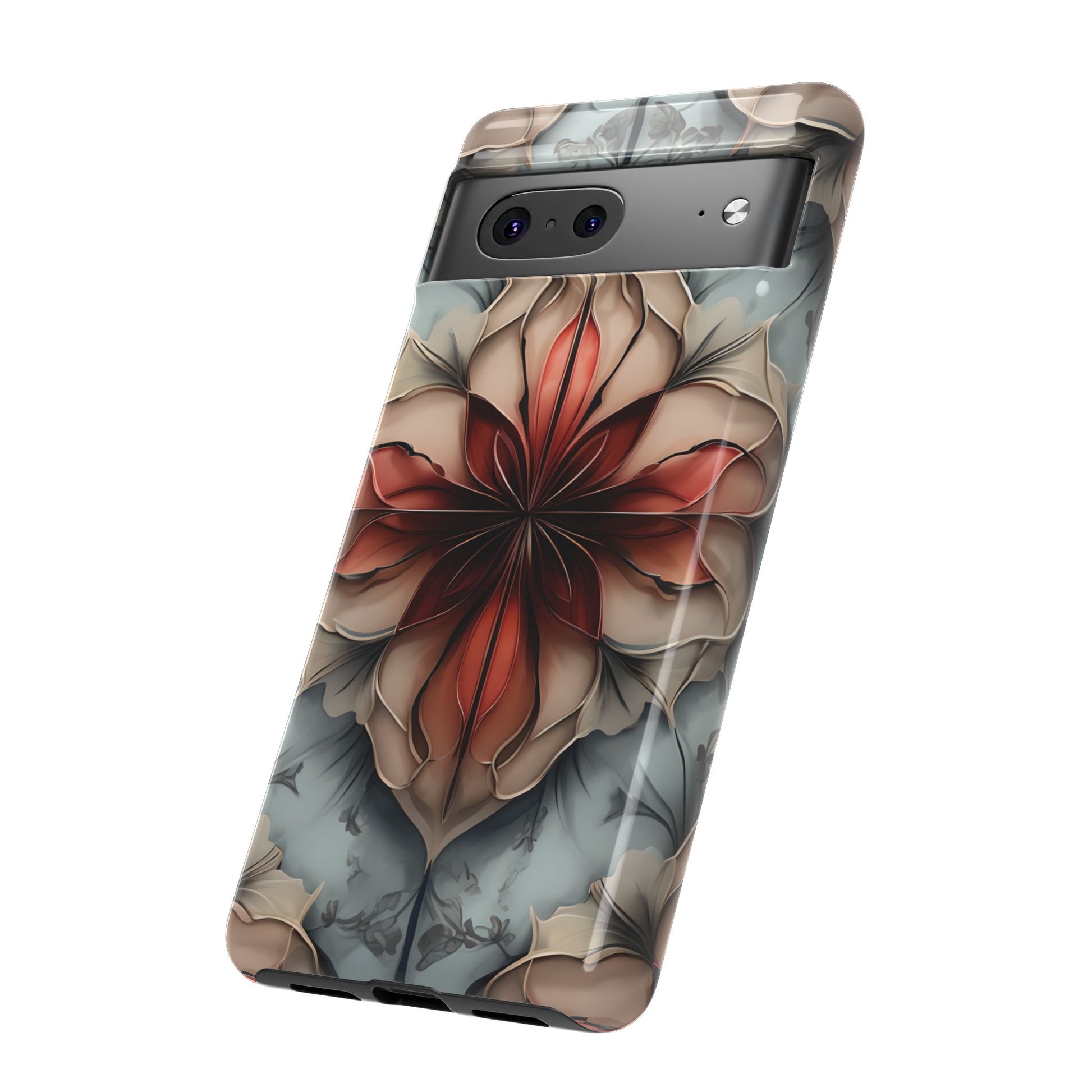 Ember Bloom - Kaleidoscope Collection Artistic Floral - Google Pixel 7 Tough Phone Case - Fiery Symmetrical Design