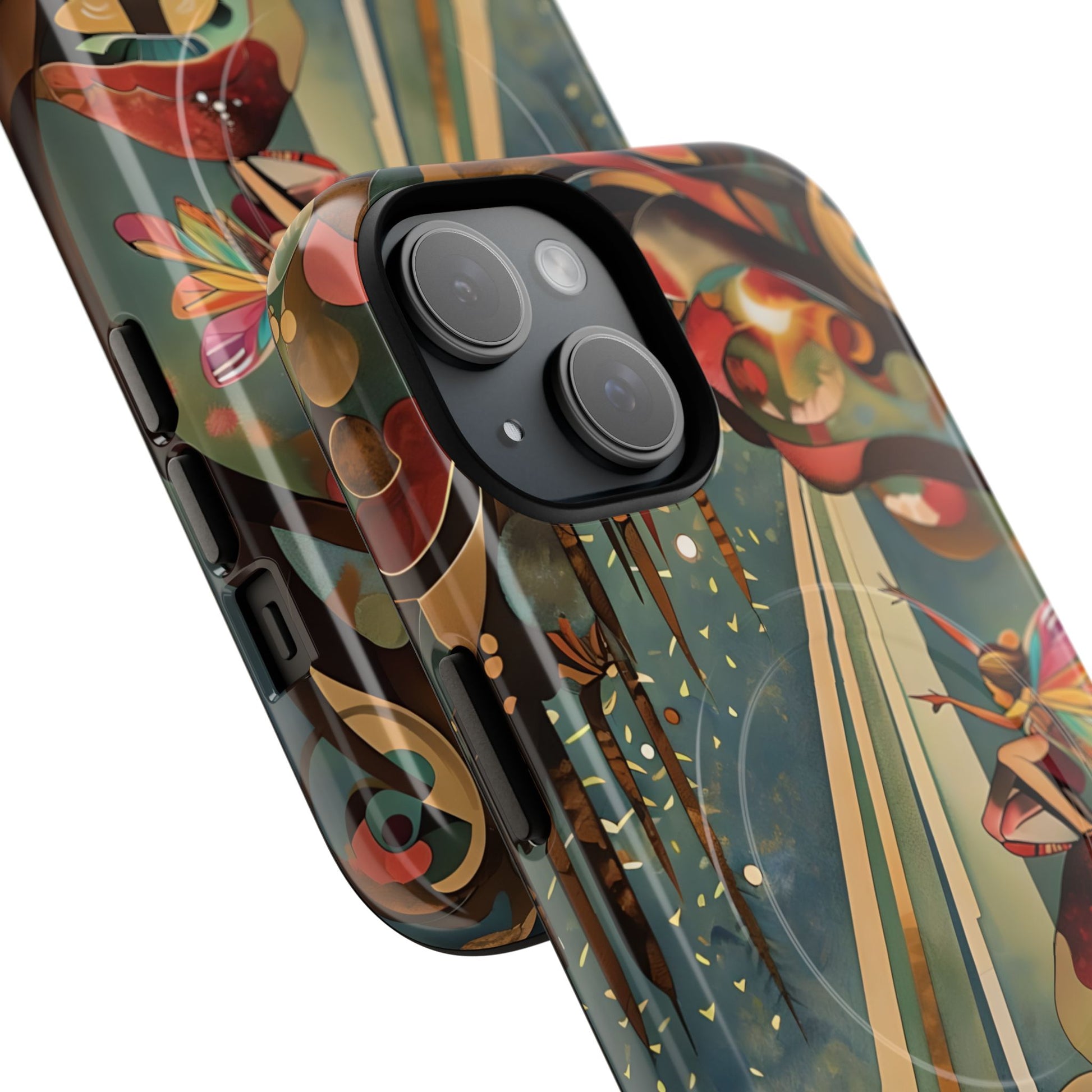 Enchanted Orchard fairy on mushroom woodland fantasy illustration iPhone MagSafe case angled view