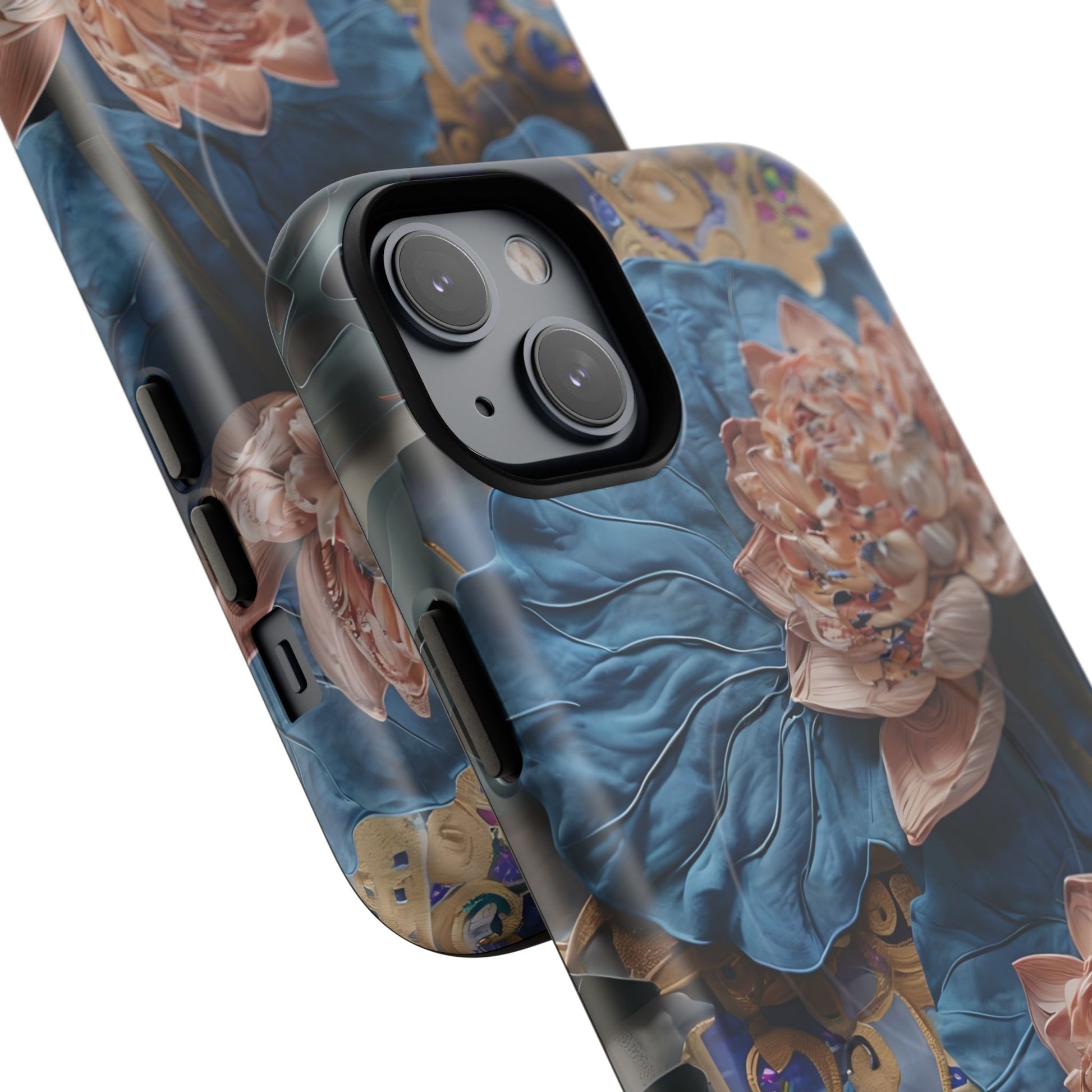 Peony Midnight Tapestry - iPhone 14 Plus - MagSafe Compatible - Elegant Blue & Blush Artful Phone Cover