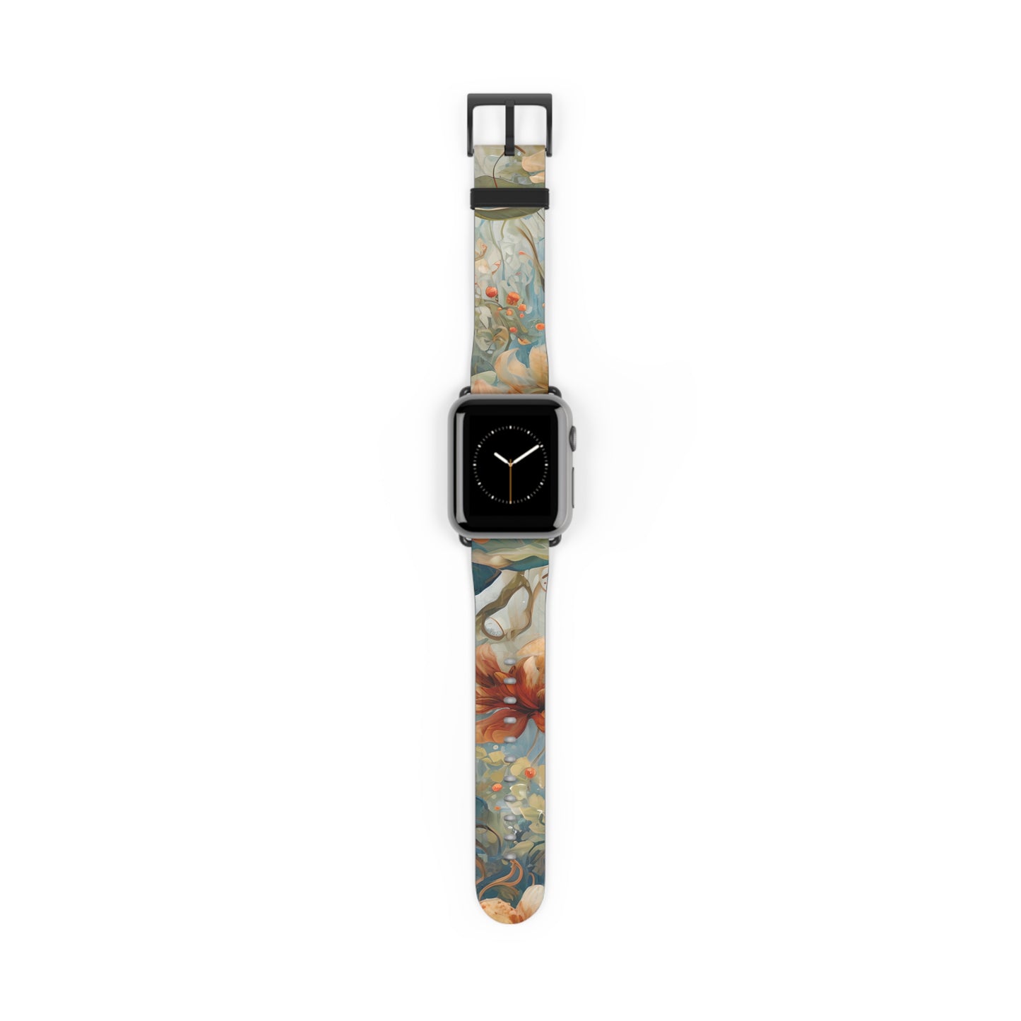 Waterlily Dreamscape Apple Watch band featuring an artistic water lily pattern in warm amber, teal, and soft blue tones on a flexible silicone strap