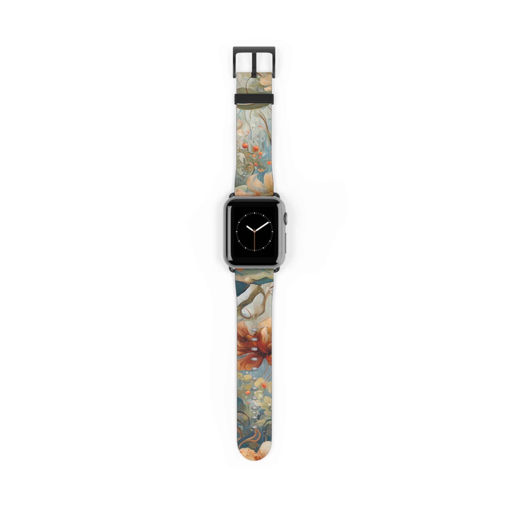 Waterlily Dreamscape Apple Watch band featuring an artistic water lily pattern in warm amber, teal, and soft blue tones on a flexible silicone strap