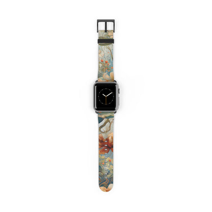 Waterlily Dreamscape Apple Watch band featuring an artistic water lily pattern in warm amber, teal, and soft blue tones on a flexible silicone strap