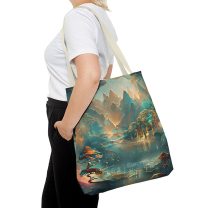 Misty Horizon Tote Bag (16x16 & 18x18)- Serene Mountain Vista in Cool Teals and Ambers on Soft Beige Canvas, Reusable & Eco-Friendly