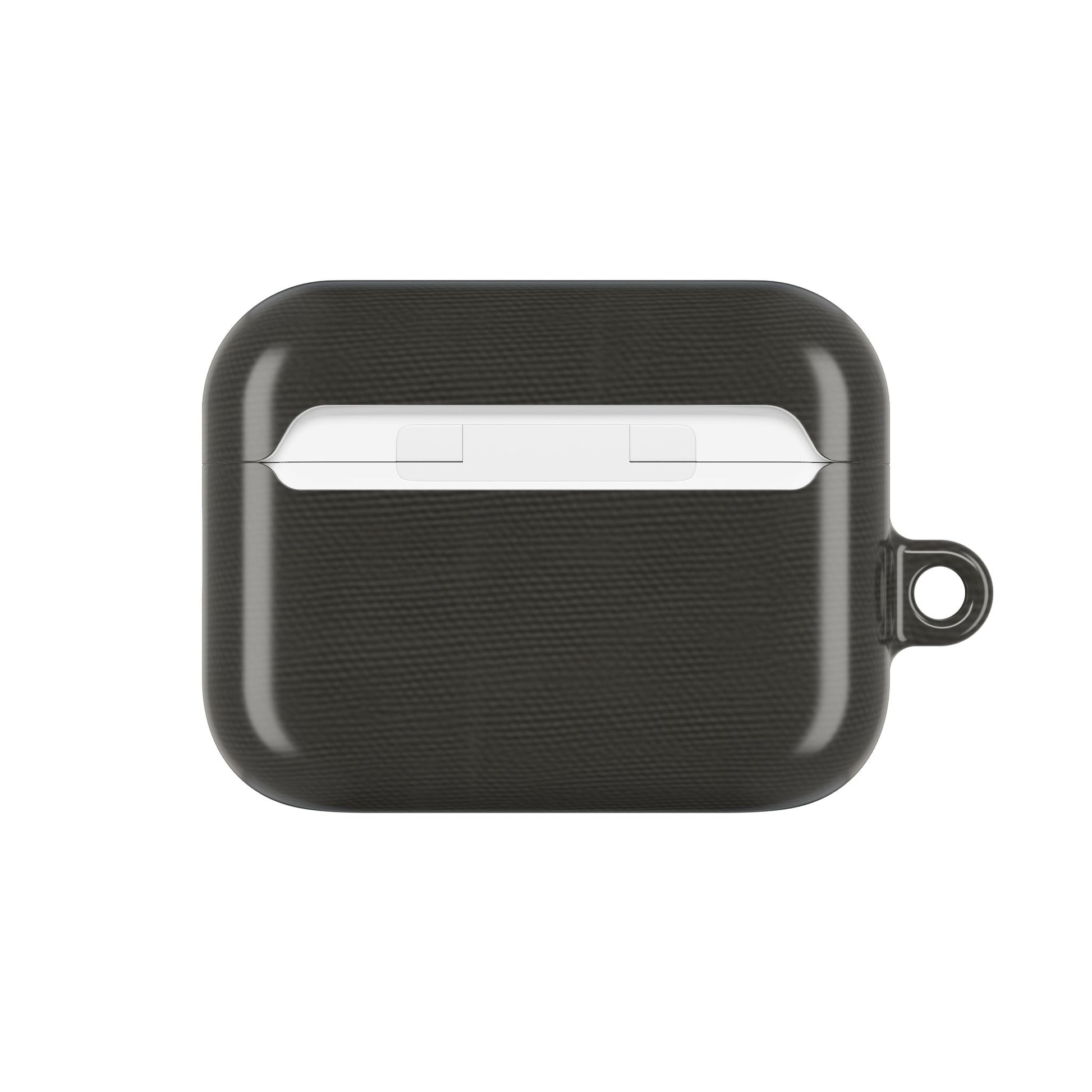 Charcoal Linen AirPods case back view showing dark linen fabric texture